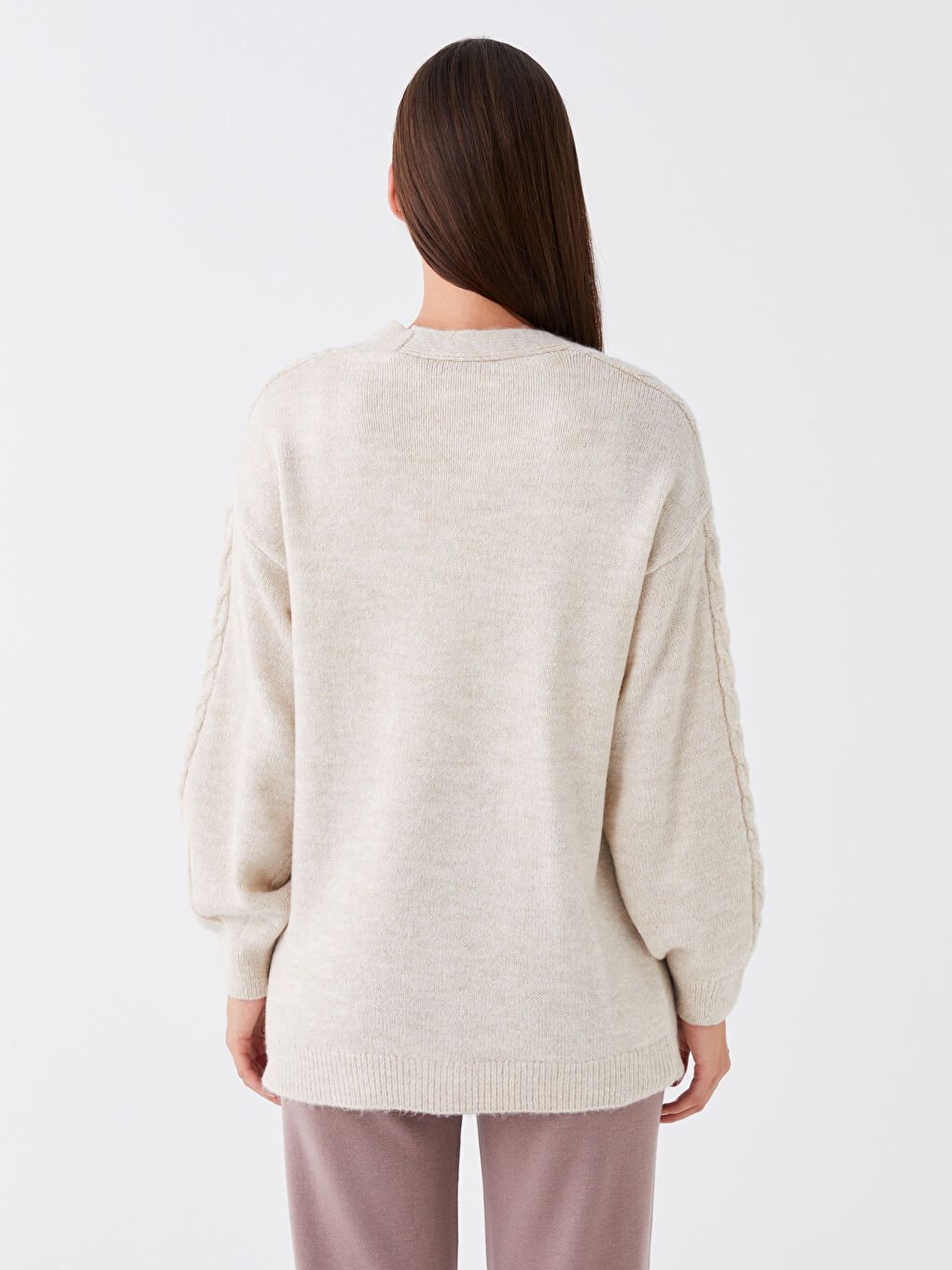 Bej V Yaka Kendinden Desenli Uzun Kollu Kadın Triko Hırka-3