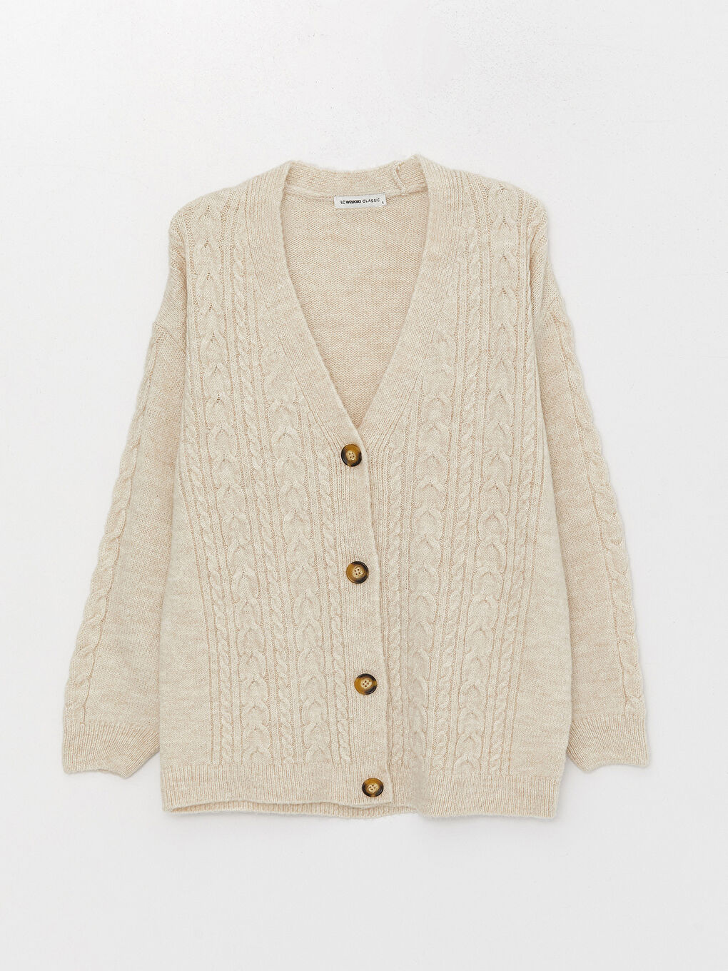 Bej V Yaka Kendinden Desenli Uzun Kollu Kadın Triko Hırka-4