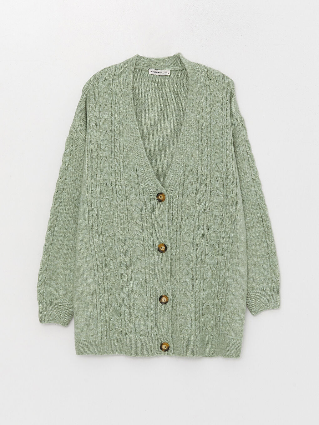 Yeşil V Yaka Kendinden Desenli Uzun Kollu Kadın Triko Hırka-5