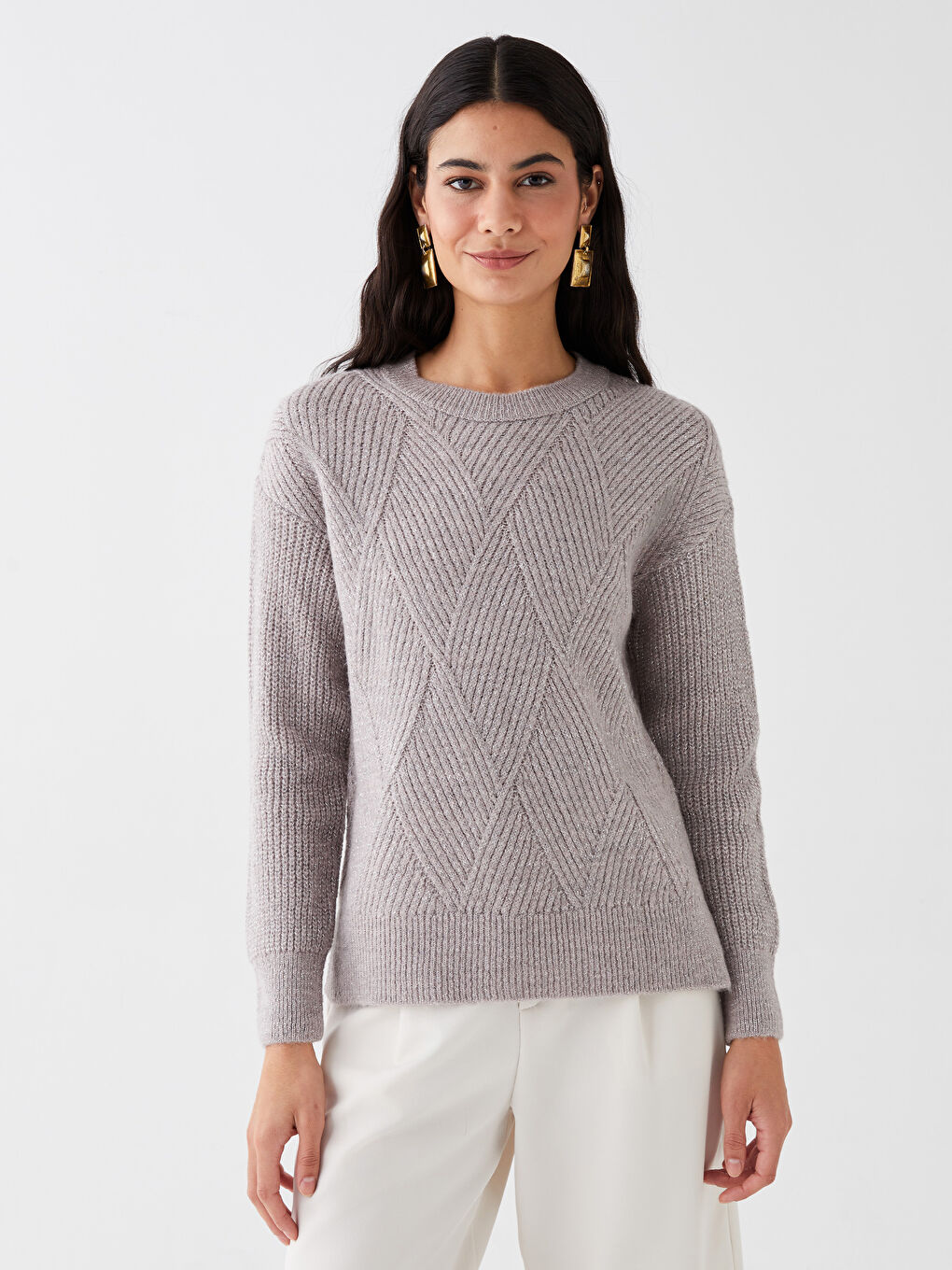 Kahverengi Bisiklet Yaka Kendinden Desenli Uzun Kollu Kadın Triko Kazak