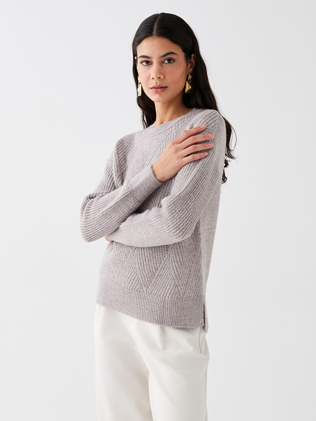 Kahverengi Bisiklet Yaka Kendinden Desenli Uzun Kollu Kadın Triko Kazak-1