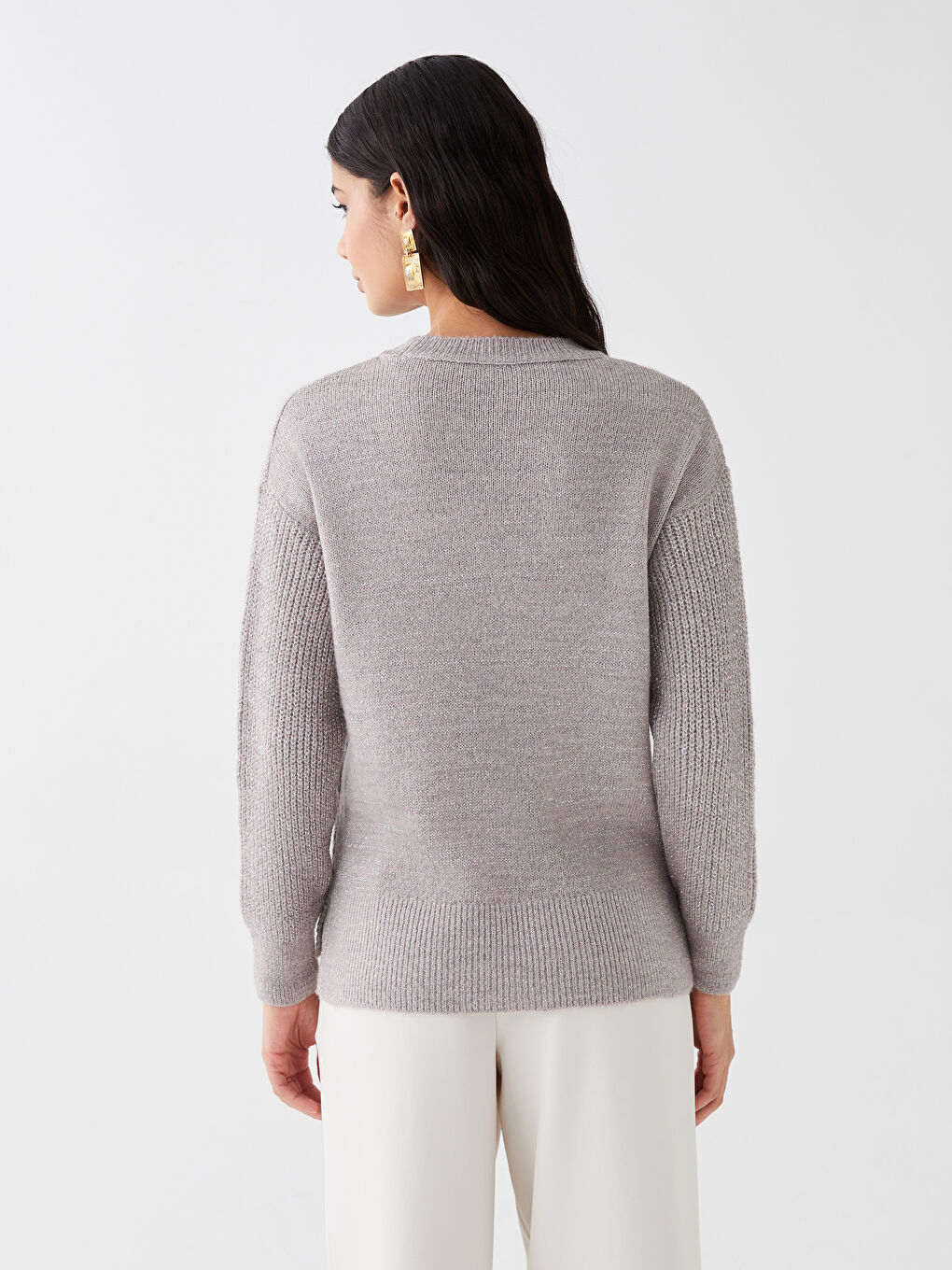 Kahverengi Bisiklet Yaka Kendinden Desenli Uzun Kollu Kadın Triko Kazak-4