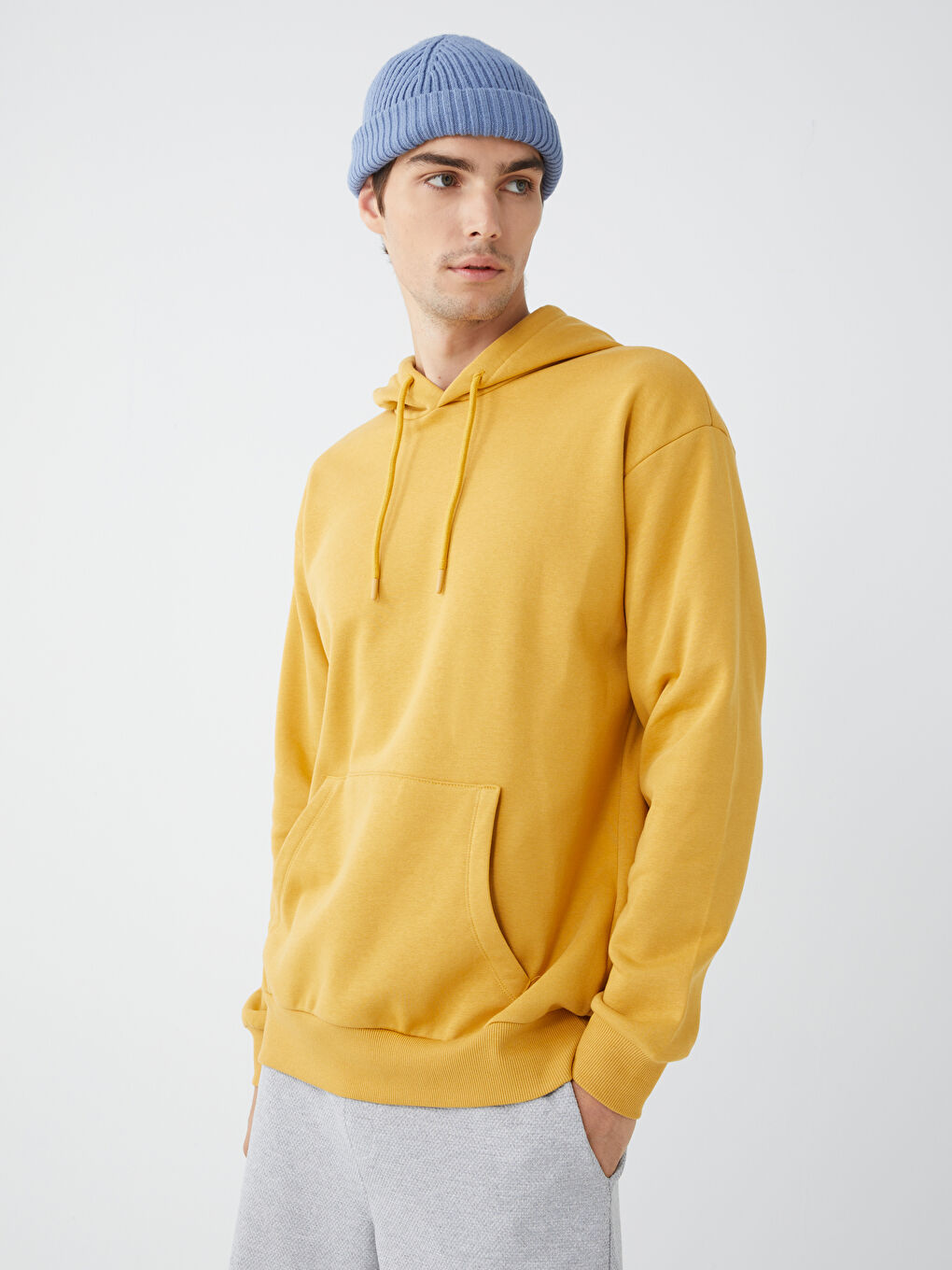 Sarı Uzun Kollu Erkek Kalın Hoodie