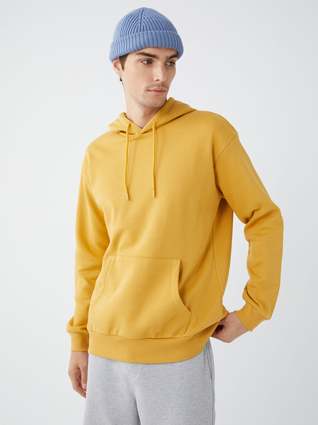 Sarı Uzun Kollu Erkek Kalın Hoodie-2