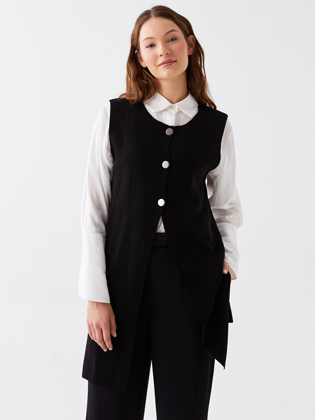 Siyah Kadın Bisiklet Yaka Düz Triko Yelek