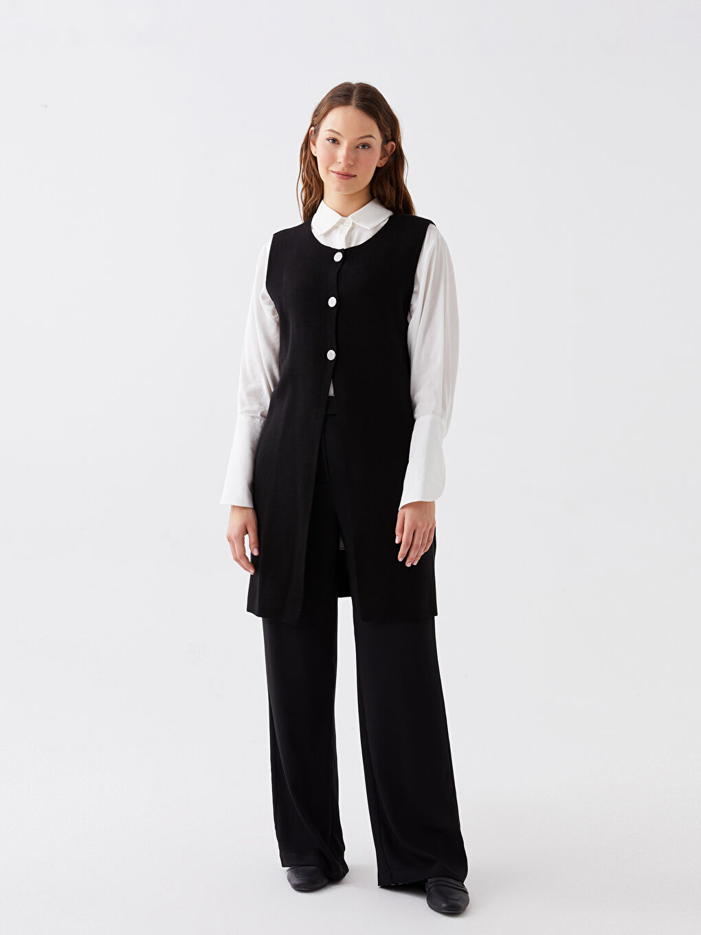 Siyah Kadın Bisiklet Yaka Düz Triko Yelek-1