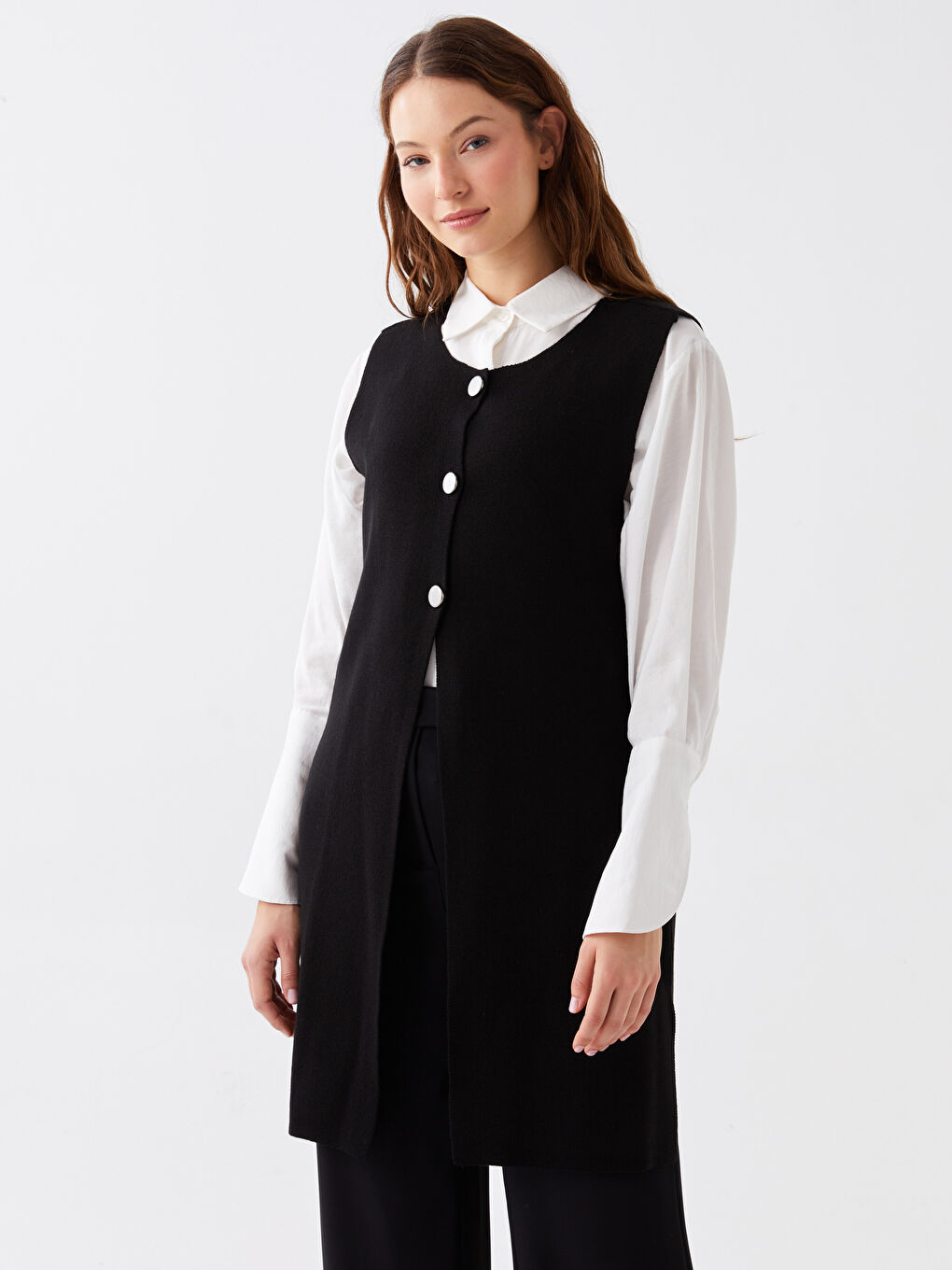 Siyah Kadın Bisiklet Yaka Düz Triko Yelek-2