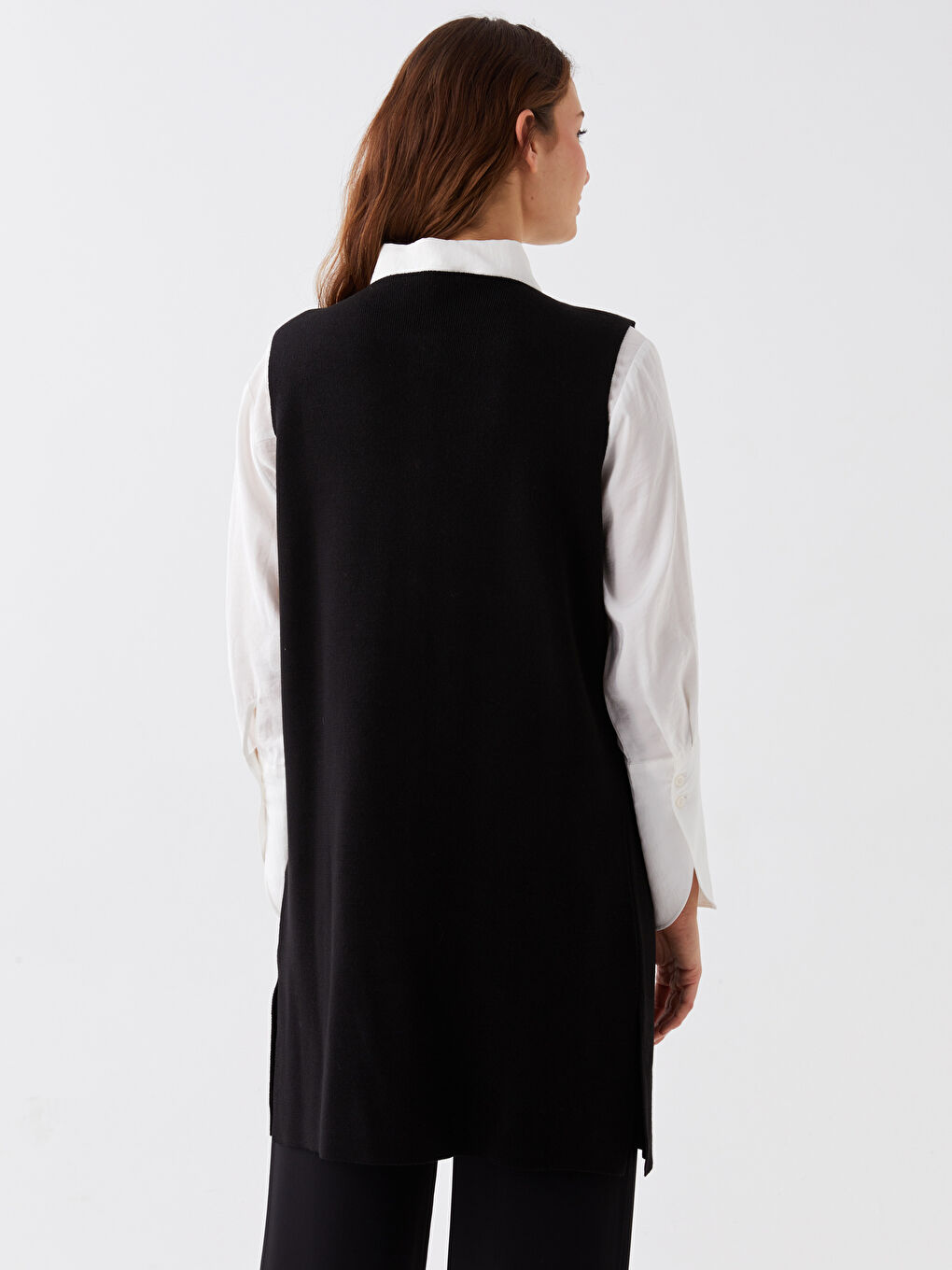 Siyah Kadın Bisiklet Yaka Düz Triko Yelek-4