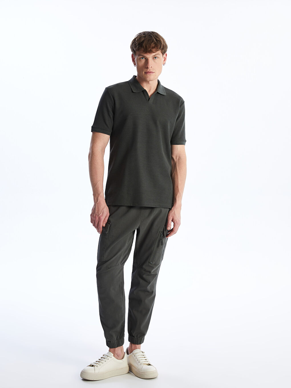 Haki Standart Kalıp Gabardin Erkek Kargo Pantolon-1