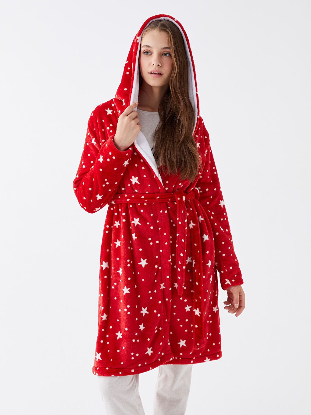 Hooded Patterned Long Sleeve Plush Women's Dressing Gown -W33595Z8-LTQ