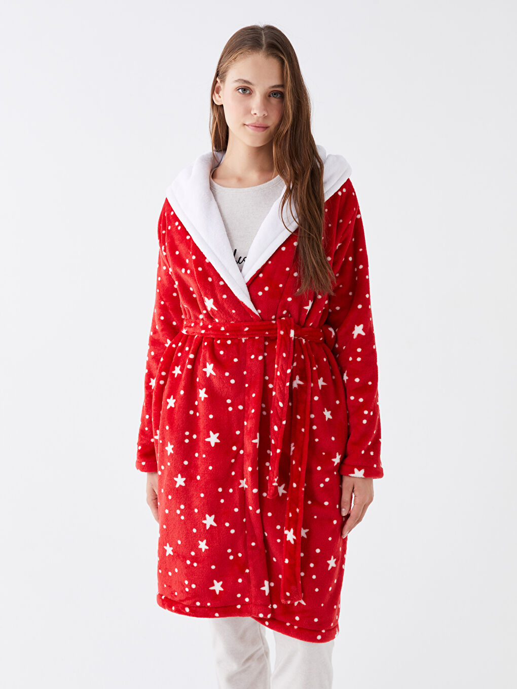 Hooded Patterned Long Sleeve Plush Women's Dressing Gown -W33595Z8-LTQ