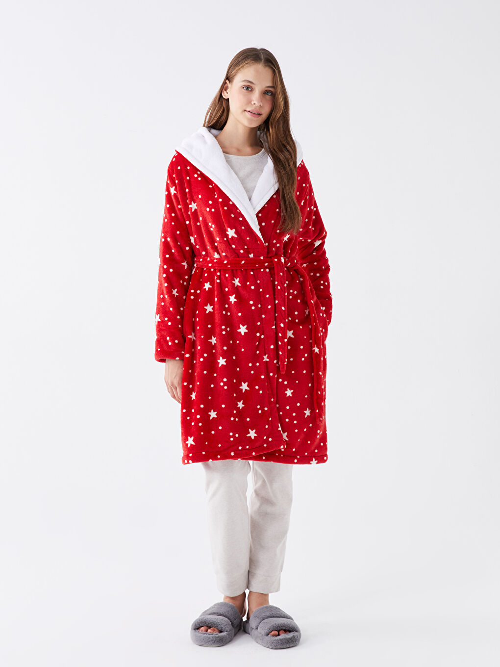 Hooded Patterned Long Sleeve Plush Women's Dressing Gown -W33595Z8-LTQ