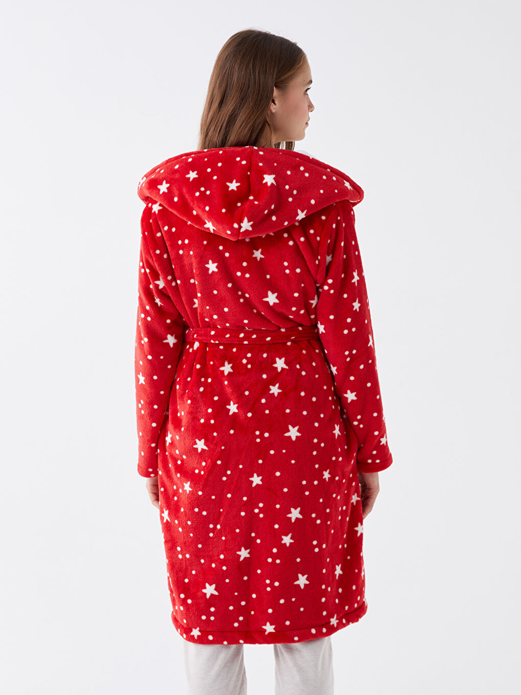 Hooded Patterned Long Sleeve Plush Women's Dressing Gown -W33595Z8-LTQ