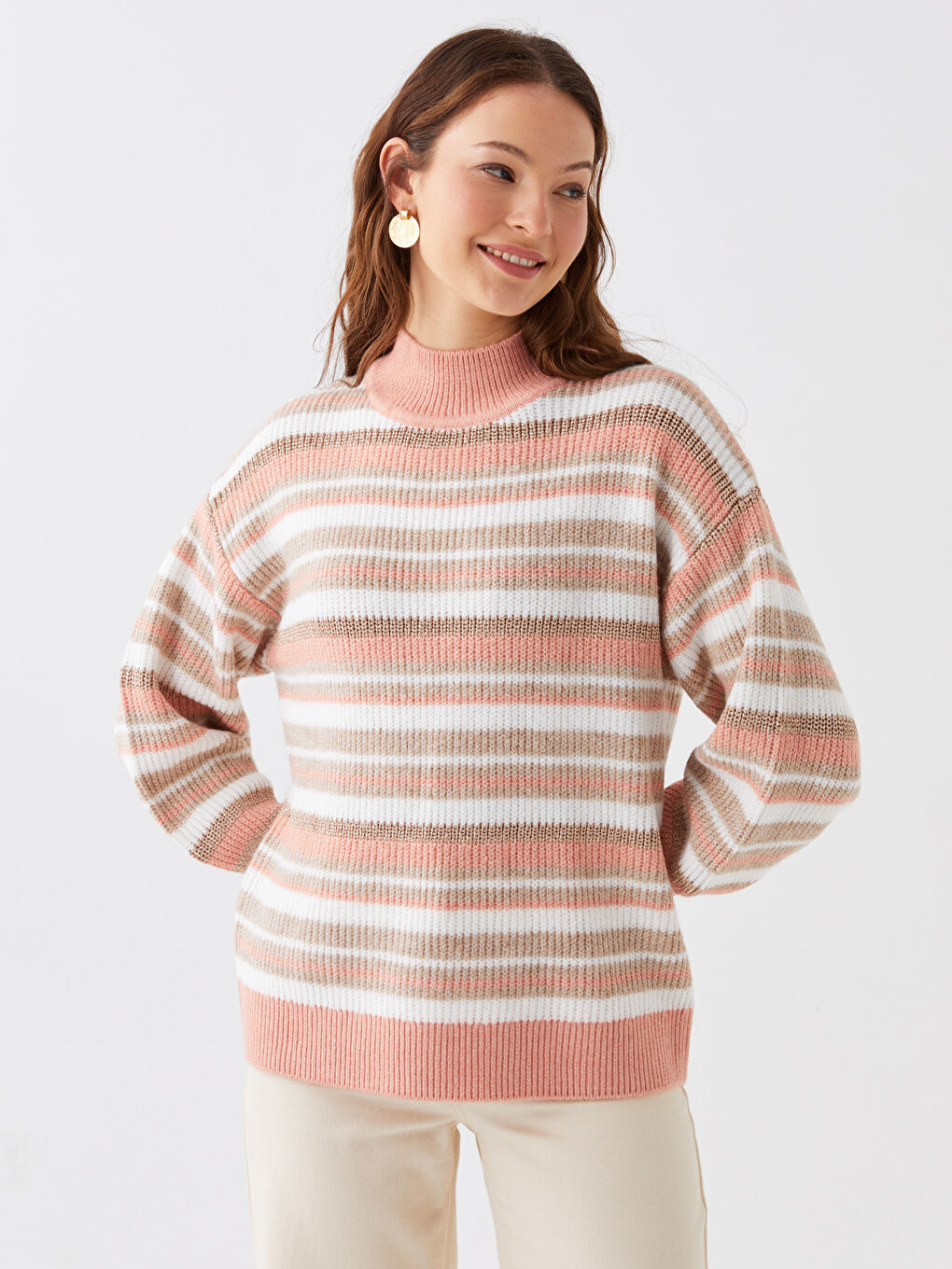 LCWAIKIKI Basic Halber Rollkragen Gestreift Langarm Damen Strickpullover -W33651Z8-FJH