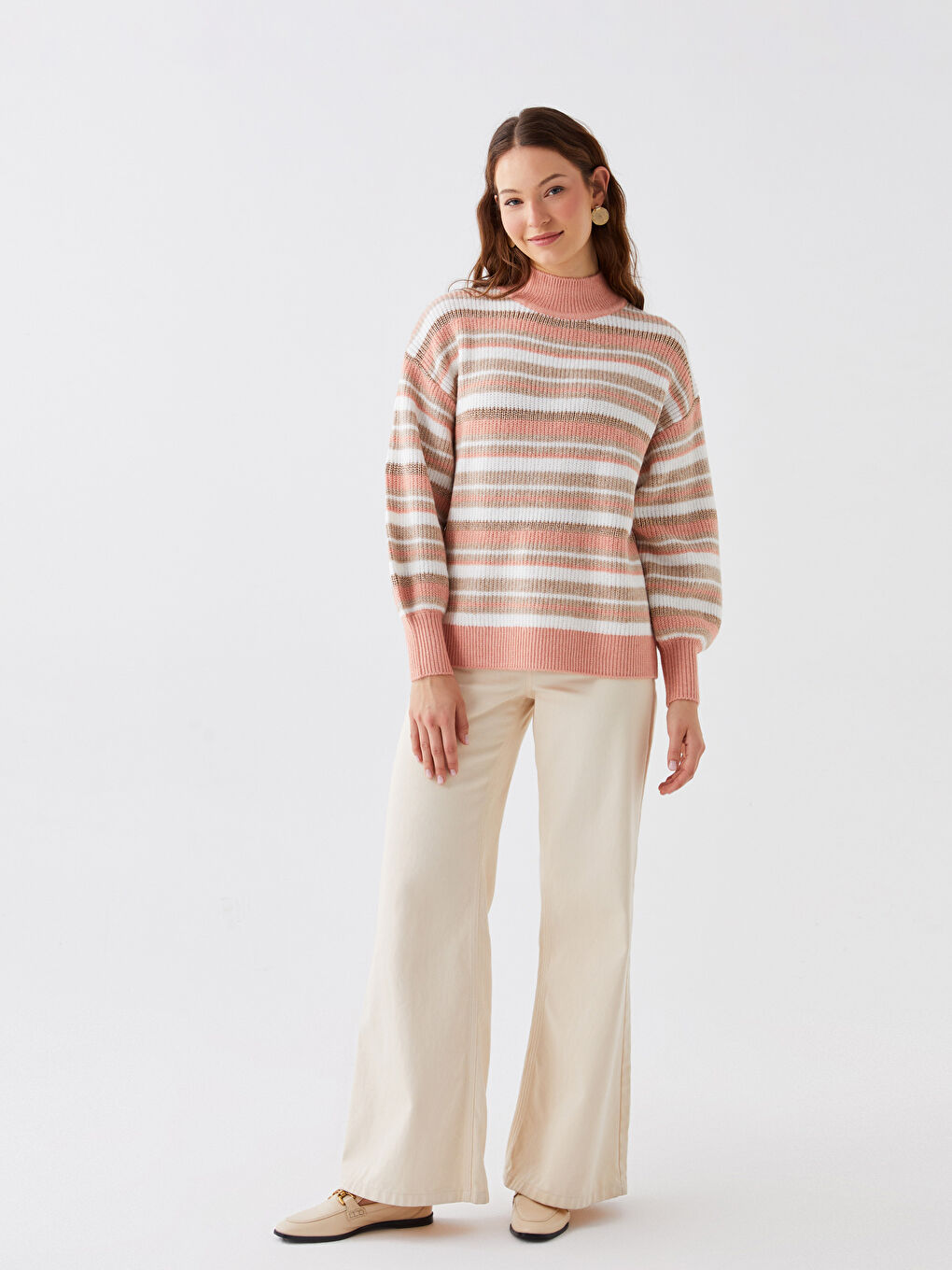 LCWAIKIKI Basic Halber Rollkragen Gestreift Langarm Damen Strickpullover -W33651Z8-FJH