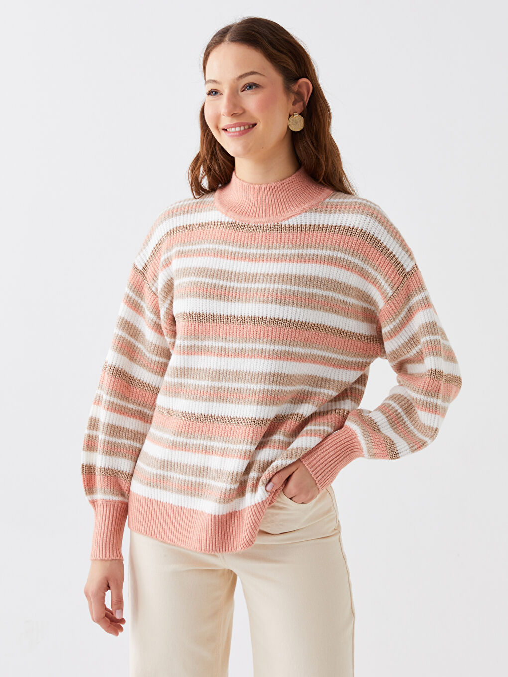 LCWAIKIKI Basic Halber Rollkragen Gestreift Langarm Damen Strickpullover -W33651Z8-FJH