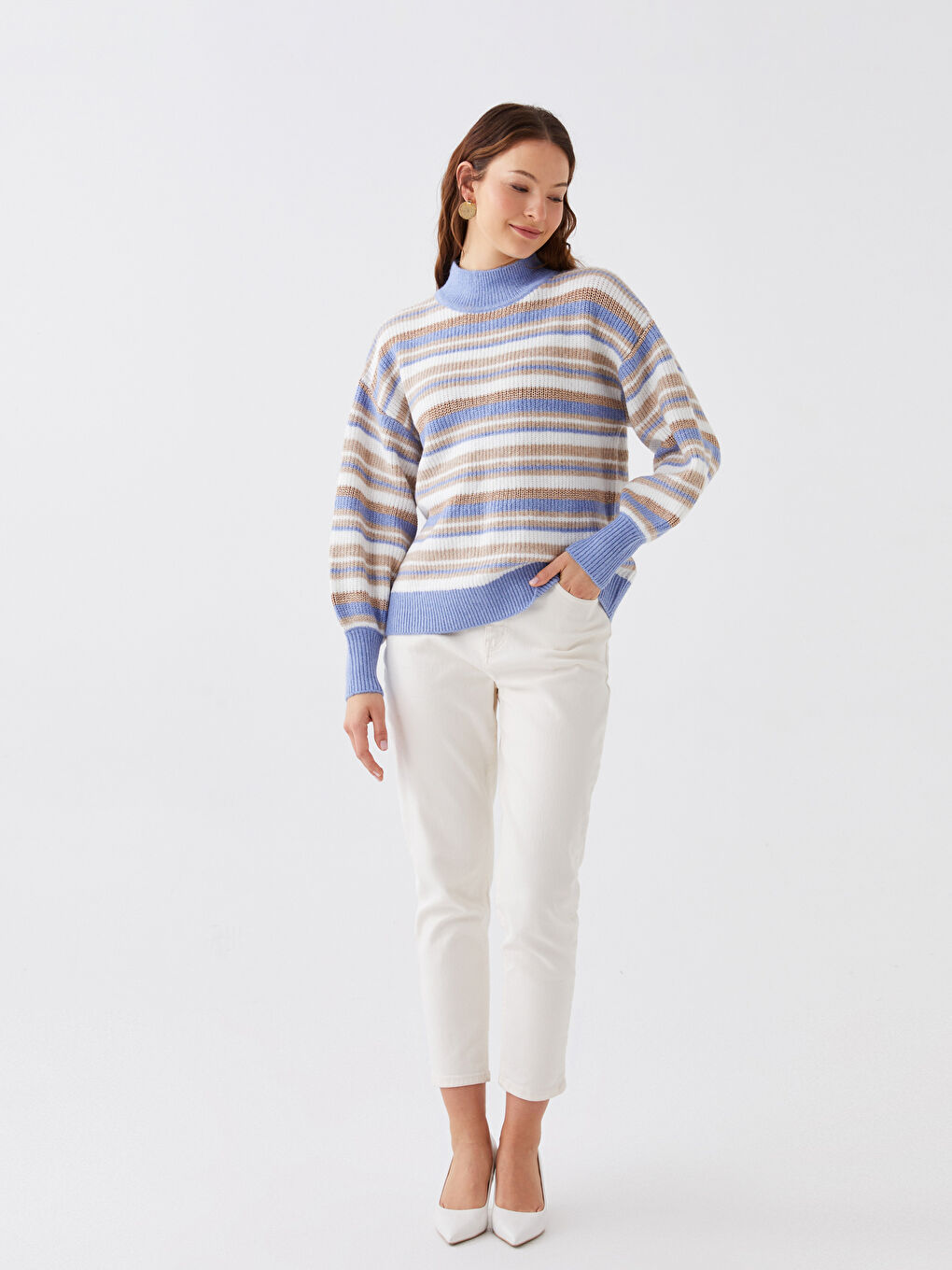 LCWAIKIKI Basic Half Turtleneck Striped Long Sleeve Women's Knitwear Sweater -W33651Z8-V1N