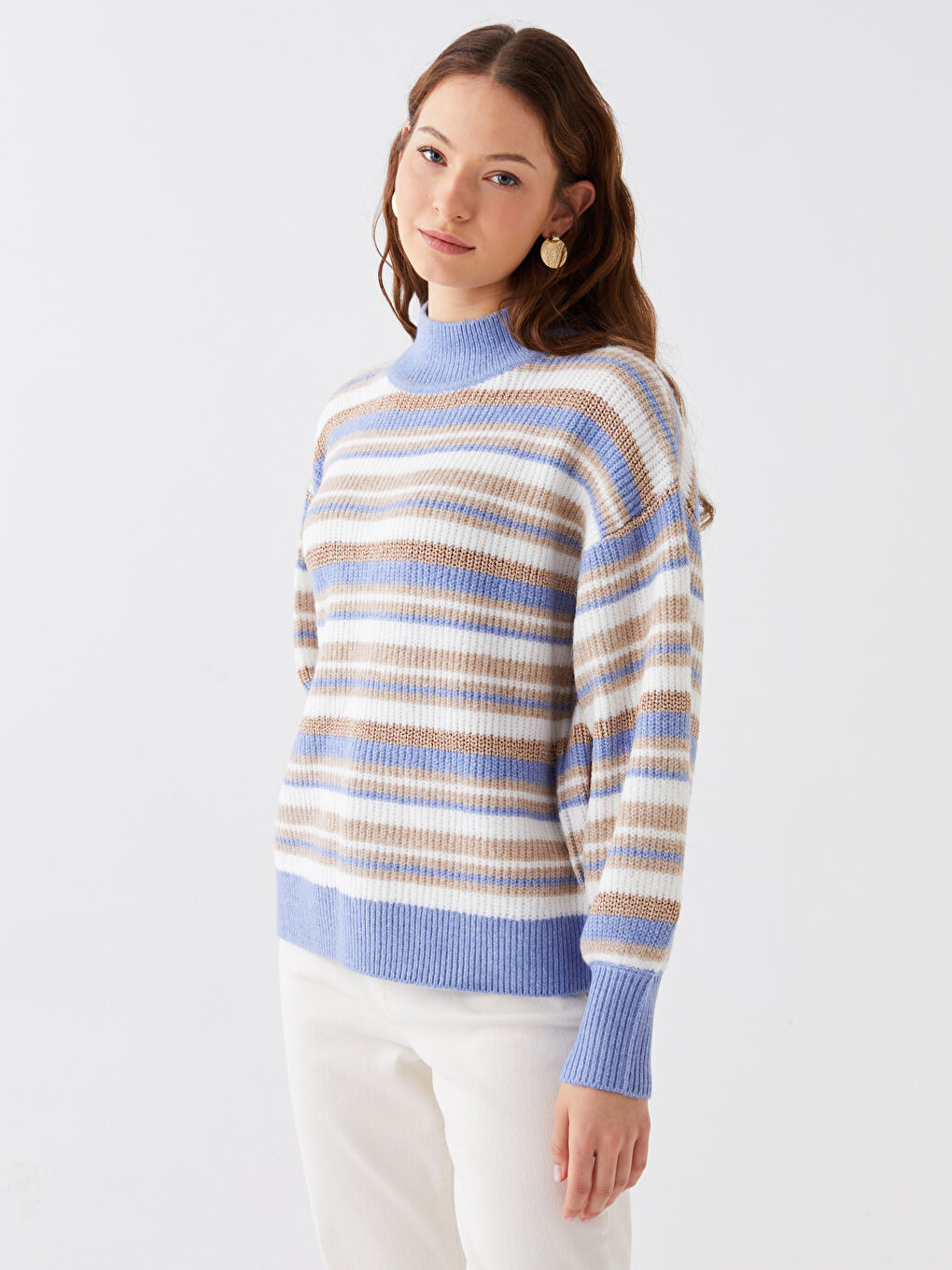 LCWAIKIKI Basic Half Turtleneck Striped Long Sleeve Women's Knitwear Sweater -W33651Z8-V1N