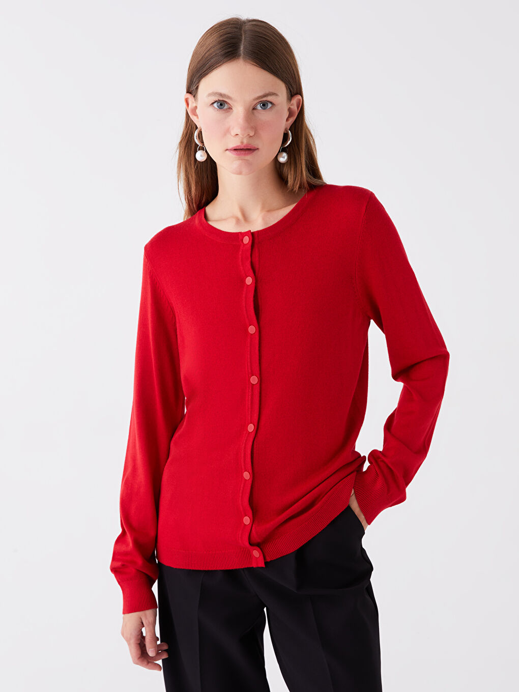 Jednostavni ženski trikotažni kardigan okruglog izreza dugih rukava-1