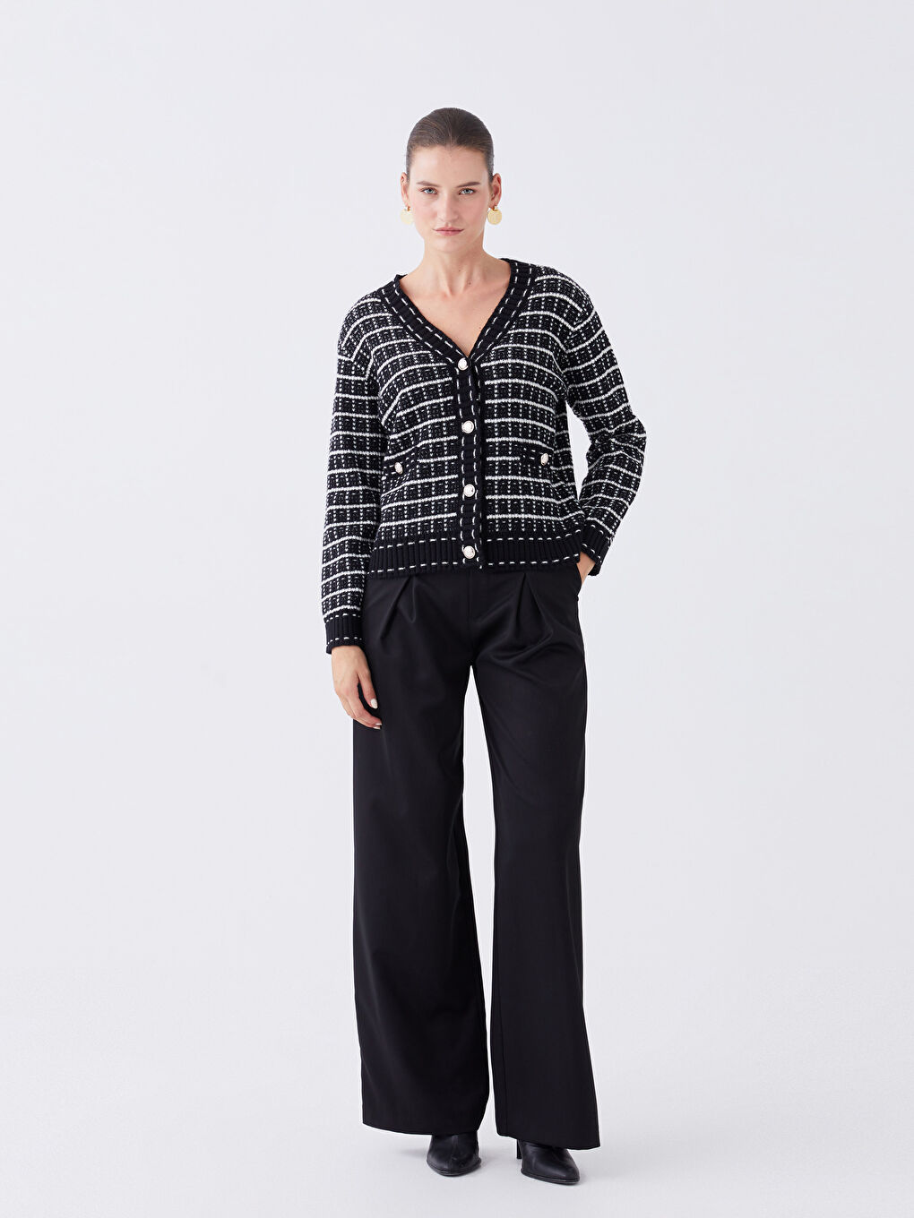 V Neck Patterned Women's Knitwear Cardigan-1