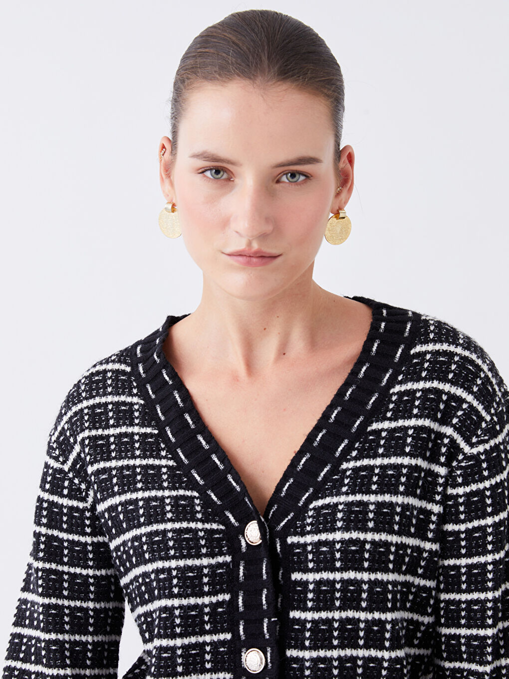 V Neck Patterned Women's Knitwear Cardigan-2