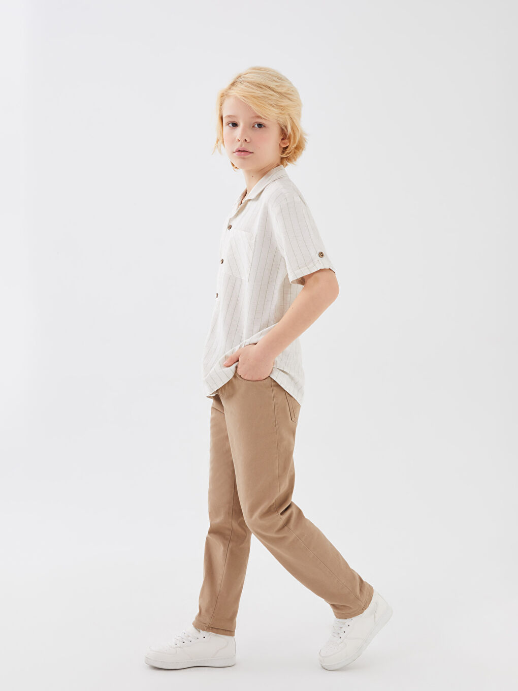 Bej Beli Ayarlanabilir Lastikli Erkek Çocuk Pantolon