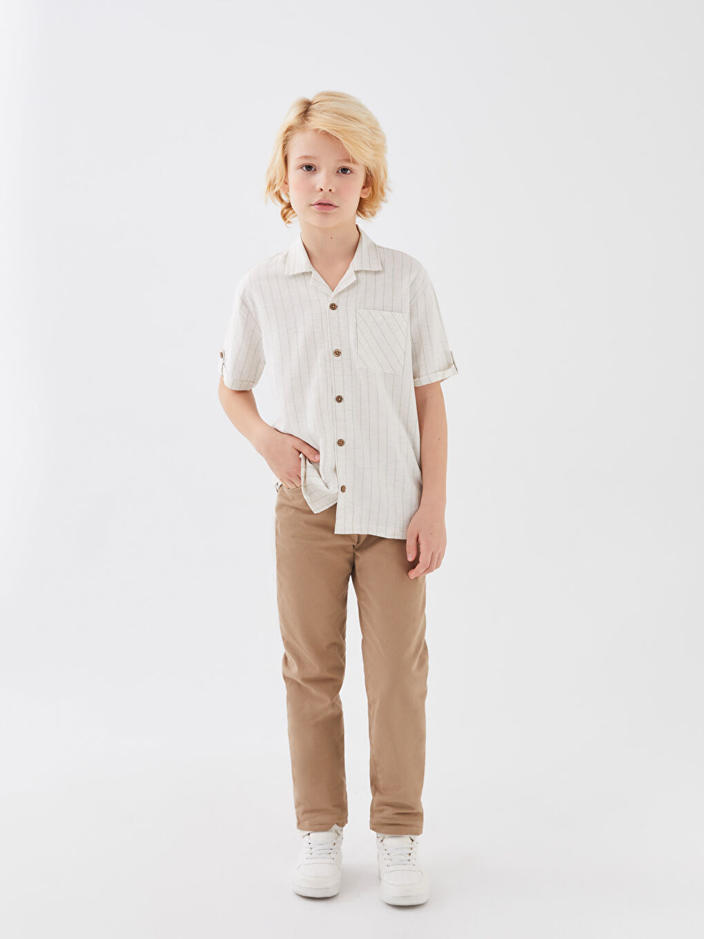 Bej Beli Ayarlanabilir Lastikli Erkek Çocuk Pantolon-1