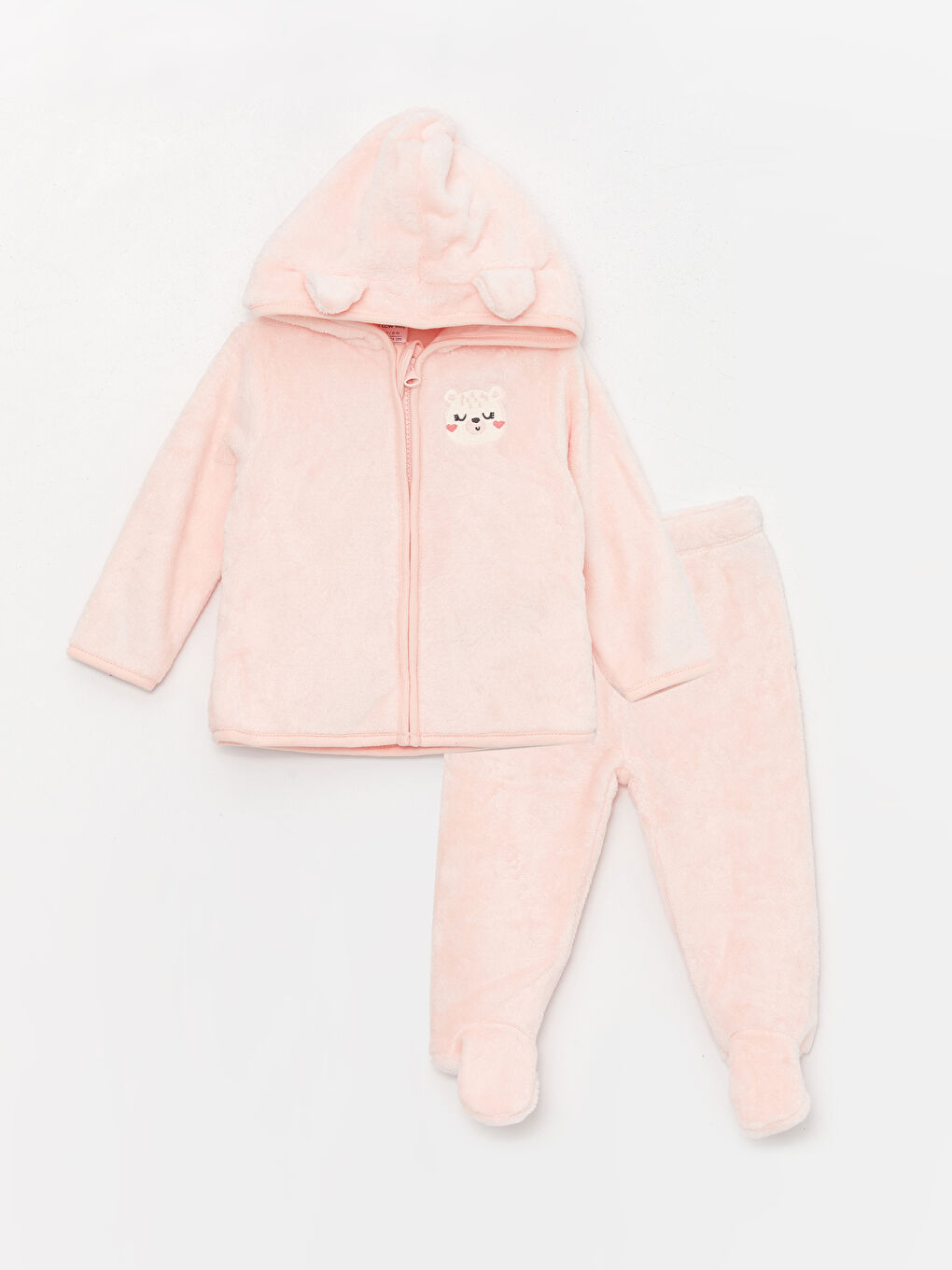 LCW baby Açık Pembe Kapüşonlu Uzun Kollu Kız Bebek Fermuarlı Sweatshirt ve Pantolon 2'li