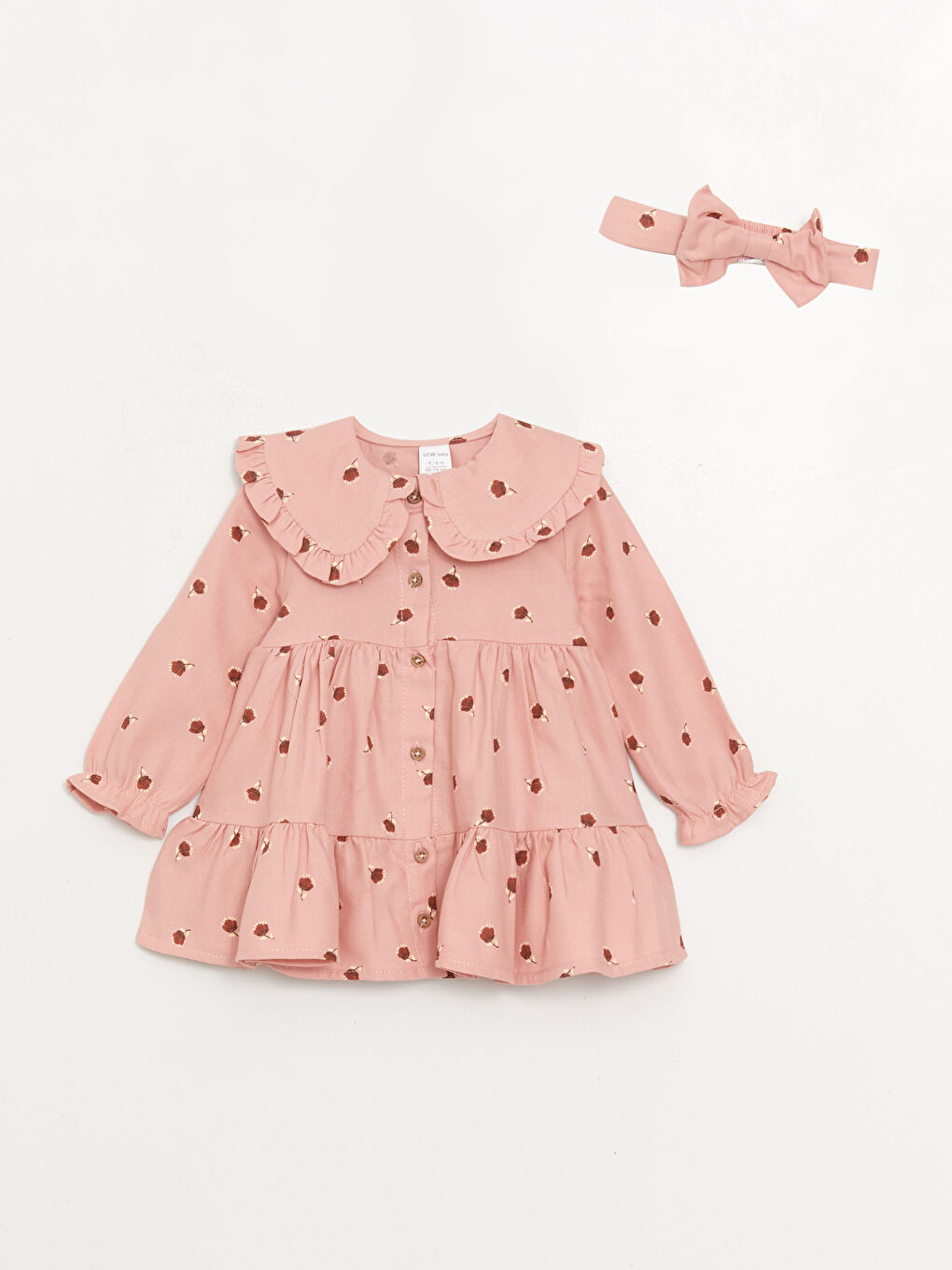 Bebe Collar Long Sleeved Baby Girl Dress and Headband 2 Piece Set