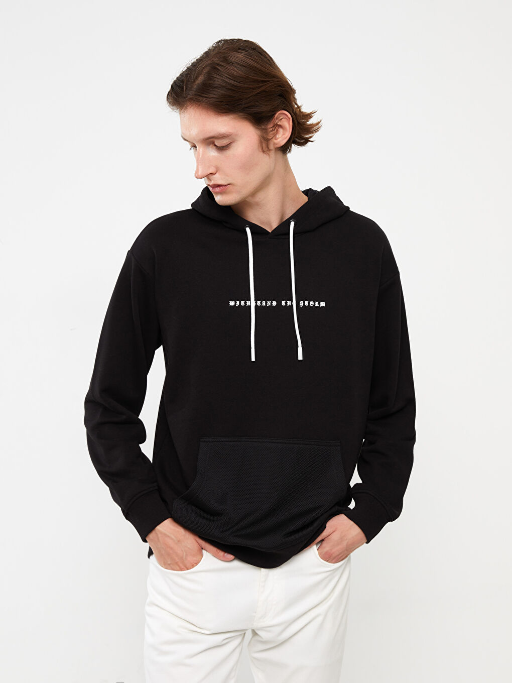 LCW Casual Yeni Siyah Uzun Kollu Baskılı Erkek Hoodie