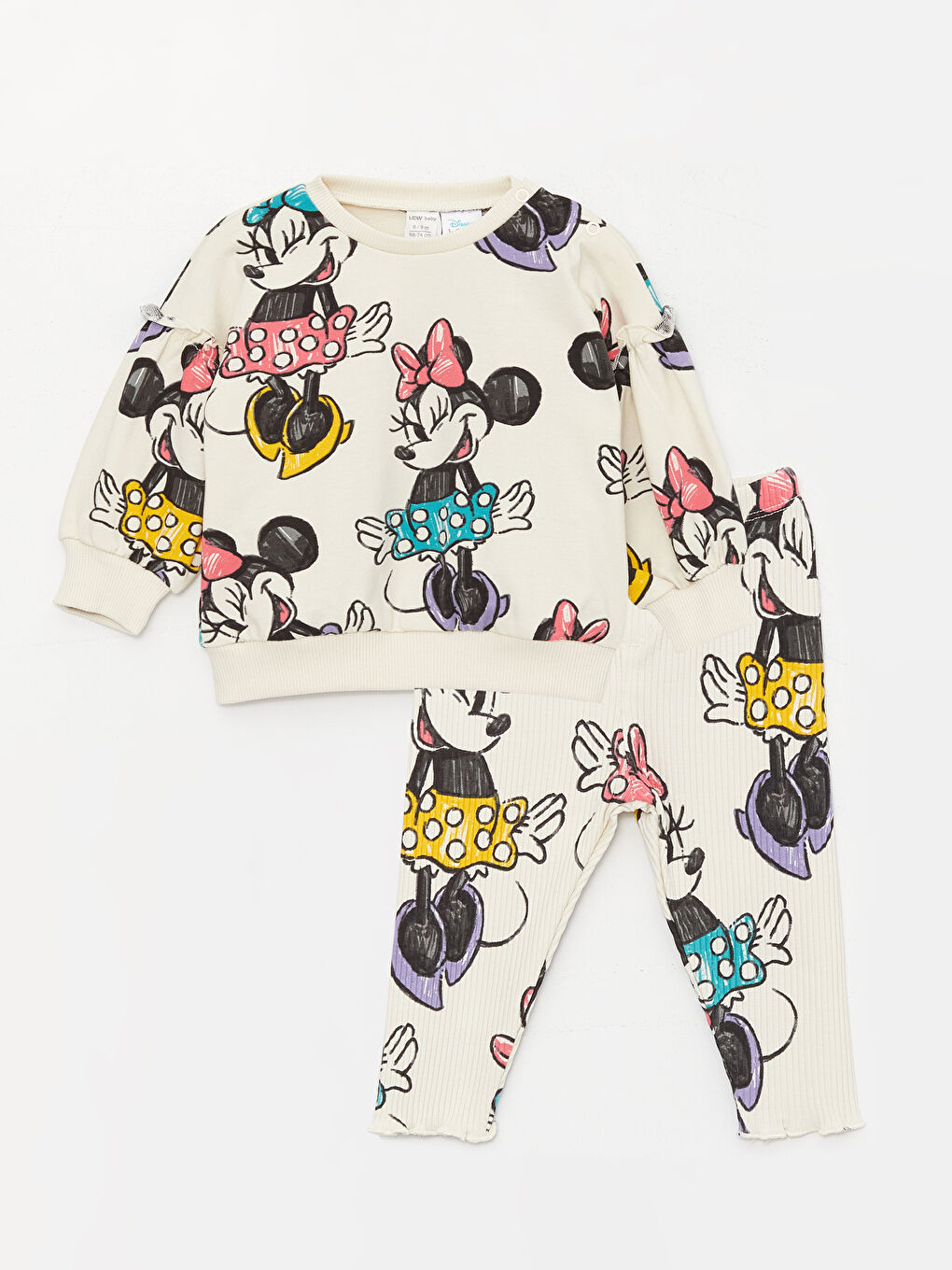 LCW baby Krem Baskılı Bisiklet Yaka Uzun Kollu Minnie Mouse Baskılı Kız Bebek Sweatshirt ve Pantolon 2'li Takım