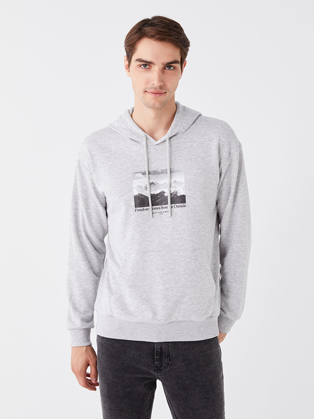 LCW Casual Gri Melanj Uzun Kollu Baskılı Erkek Hoodie