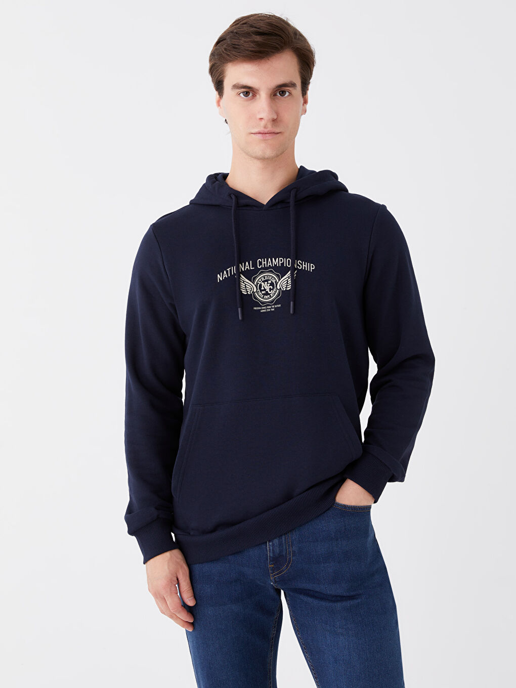 LCW Casual Lacivert Uzun Kollu Baskılı Erkek Hoodie