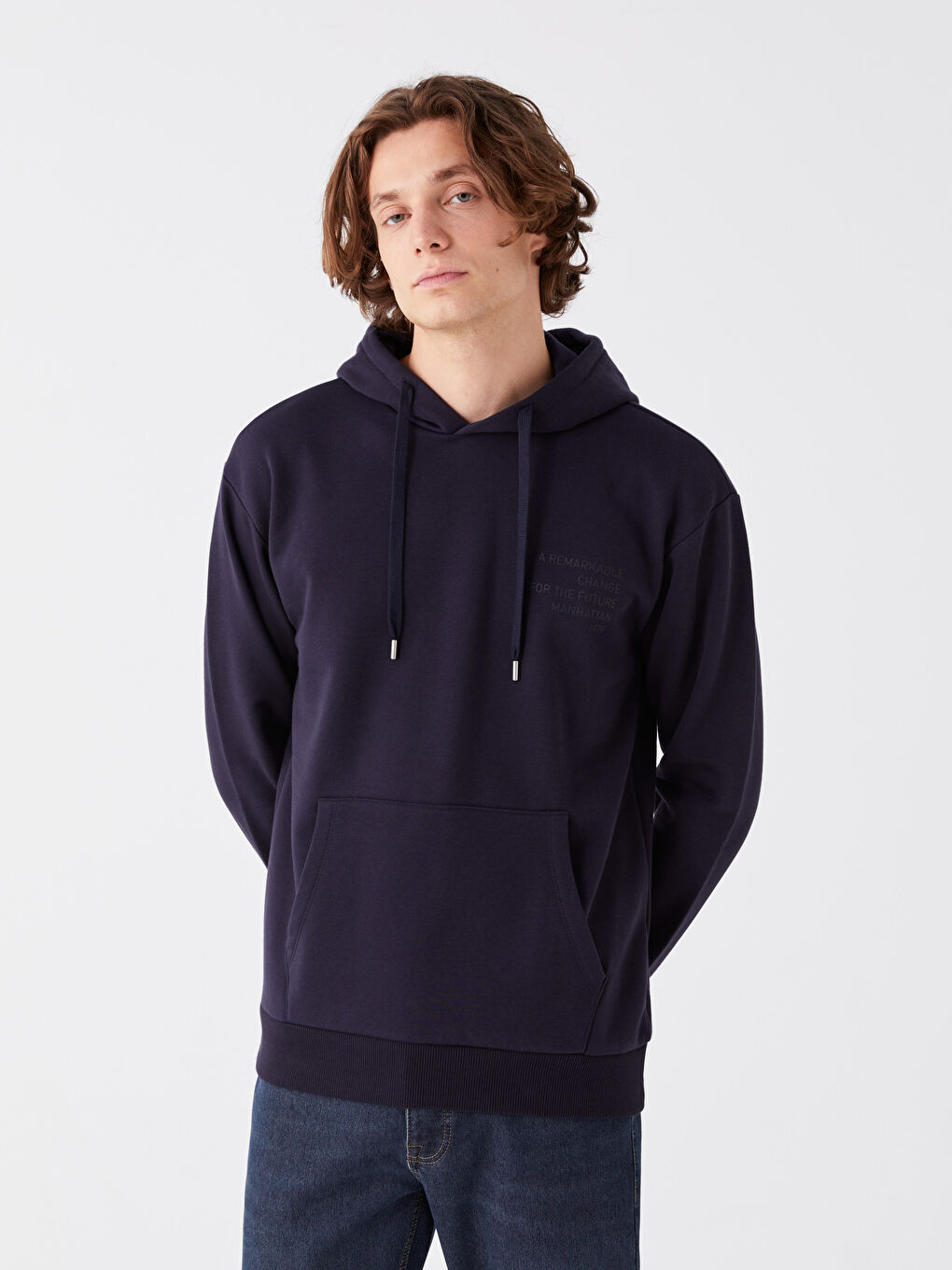 LCW Casual Lacivert Uzun Kollu Baskılı Erkek Hoodie