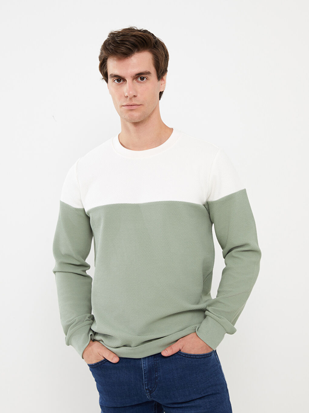 LCW Casual Mat Yeşil Bisiklet Yaka Uzun Kollu Renk Bloklu Erkek Sweatshirt - 1