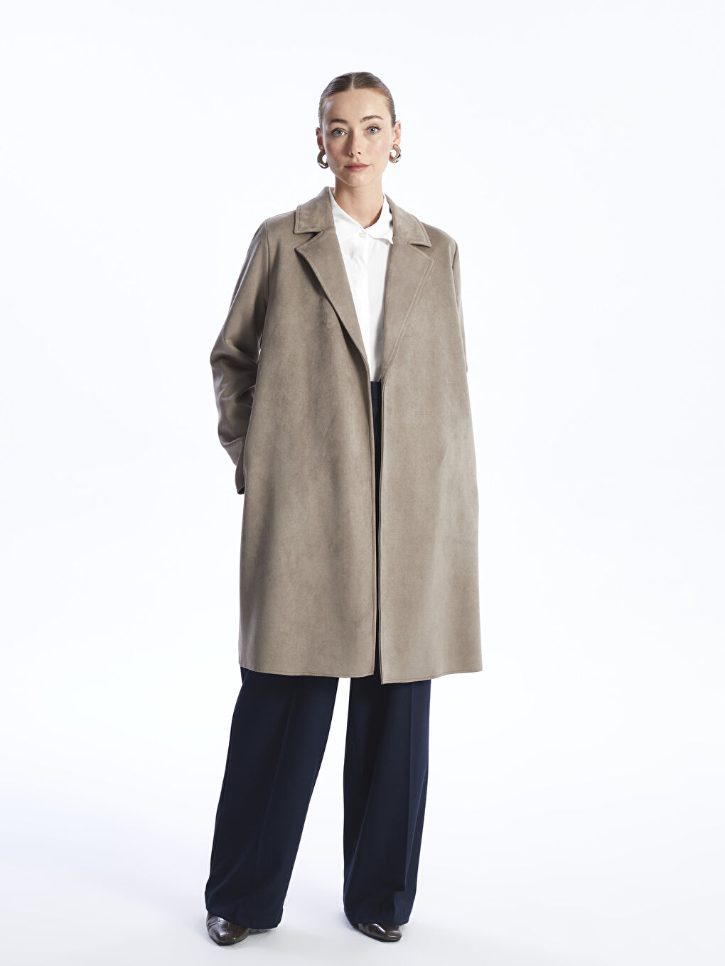 معطف واق من المطر ياقة الجاكيت مستقيمة كم طويل شامواه صناعي للسيدات-1