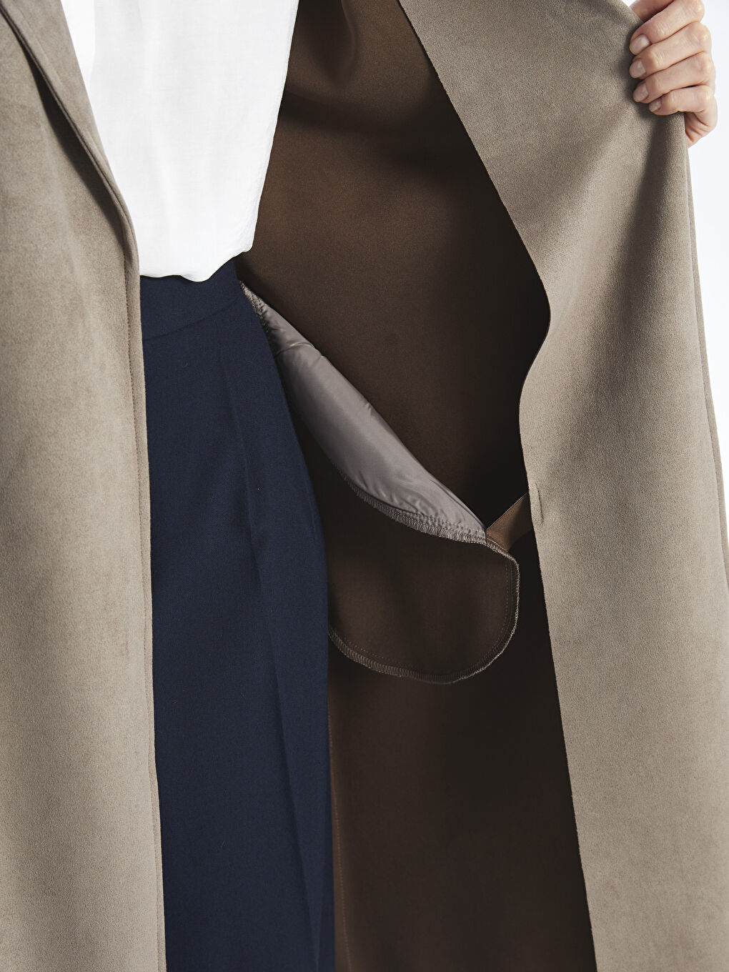 معطف واق من المطر ياقة الجاكيت مستقيمة كم طويل شامواه صناعي للسيدات-3