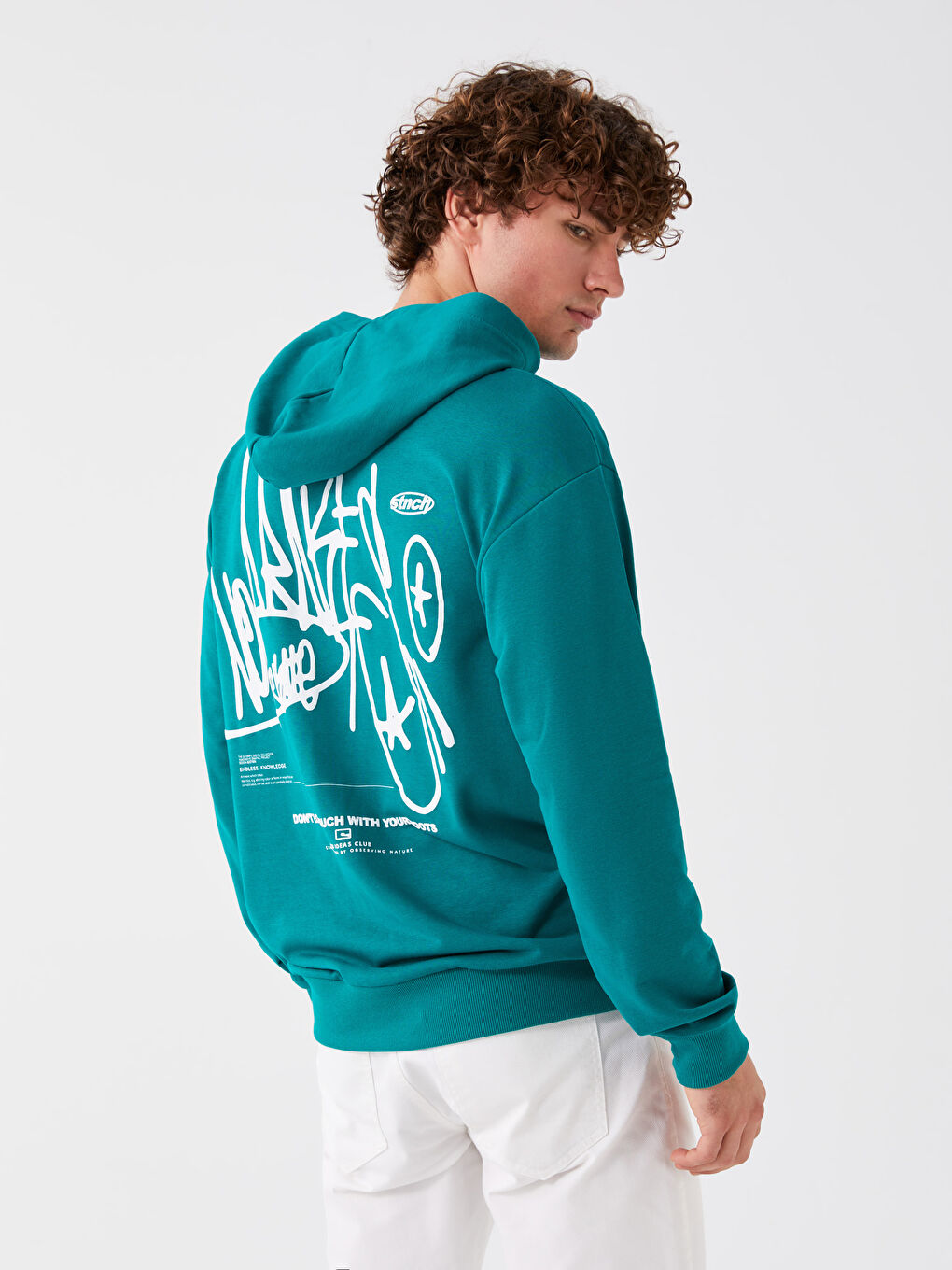 LCW Casual Koyu Yeşil Uzun Kollu Baskılı Erkek Hoodie