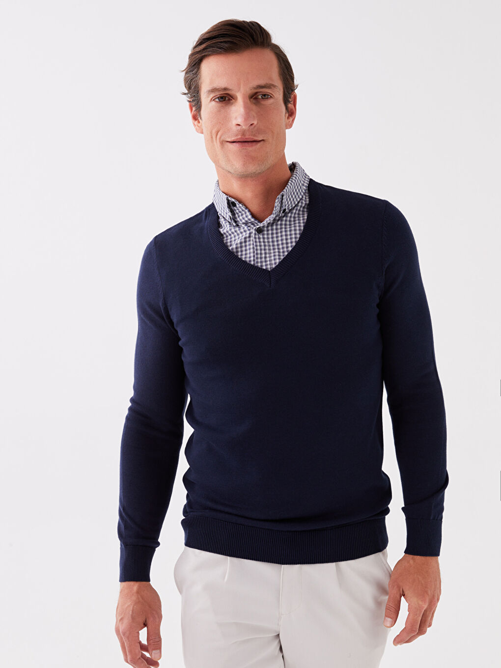 بلوفر تريكو بياقة قميص كم طويل للرجال-1