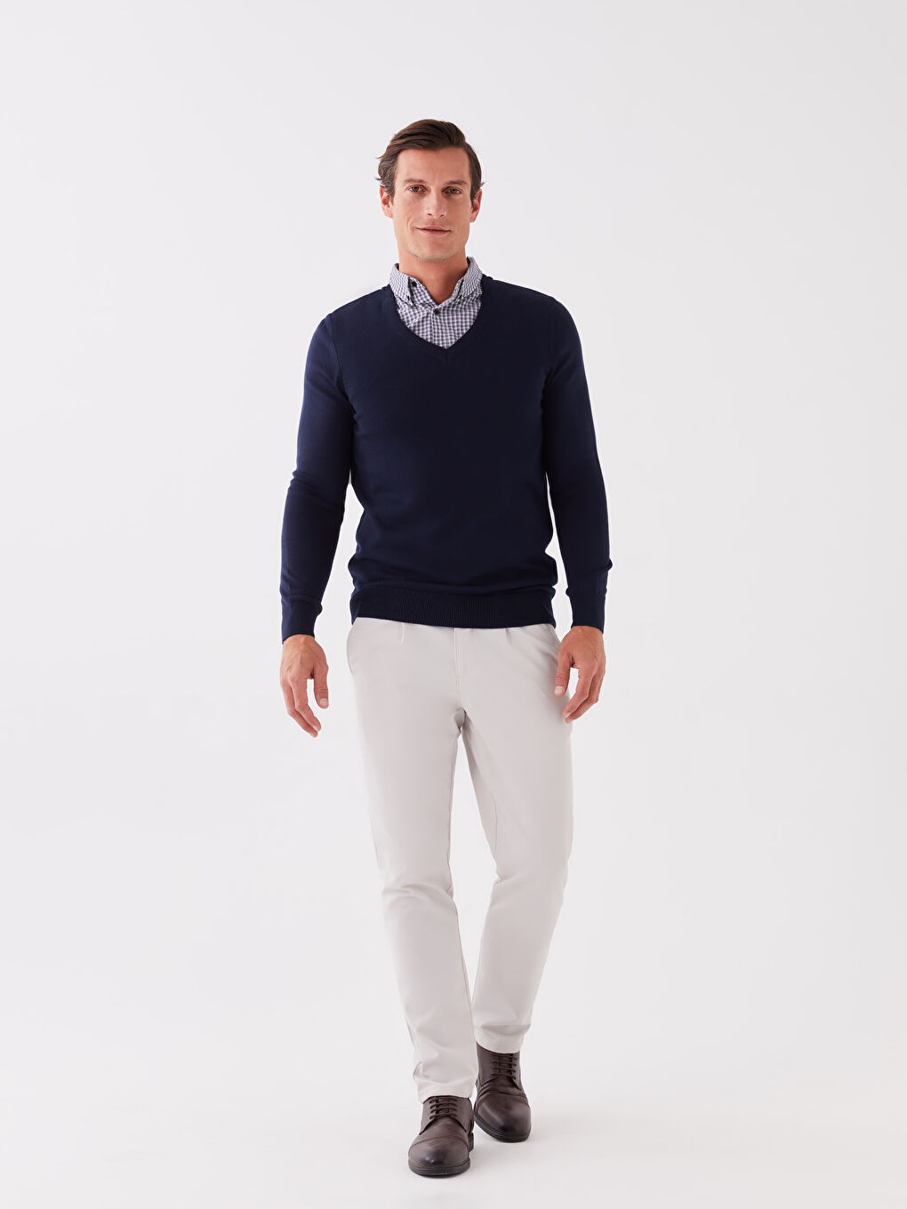 بلوفر تريكو بياقة قميص كم طويل للرجال-2