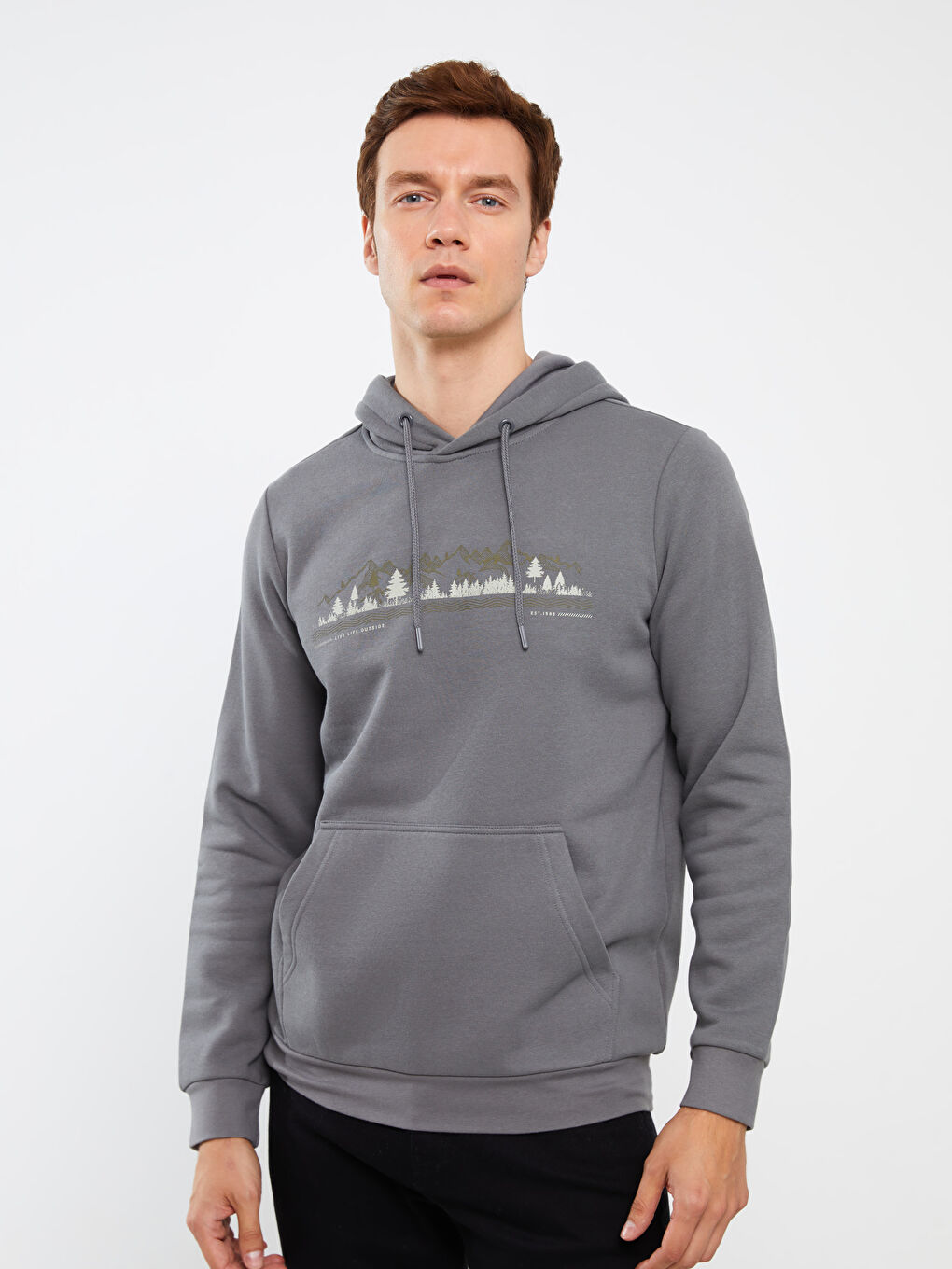 LCWAIKIKI Classic Koyu Gri Uzun Kollu Baskılı Erkek Hoodie