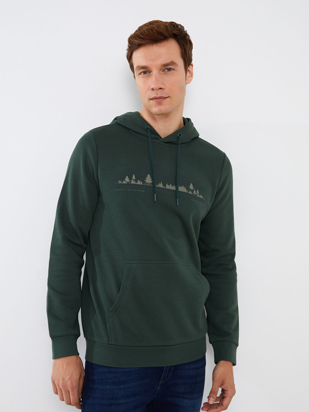 LCWAIKIKI Classic Orta Yeşil Uzun Kollu Baskılı Erkek Hoodie