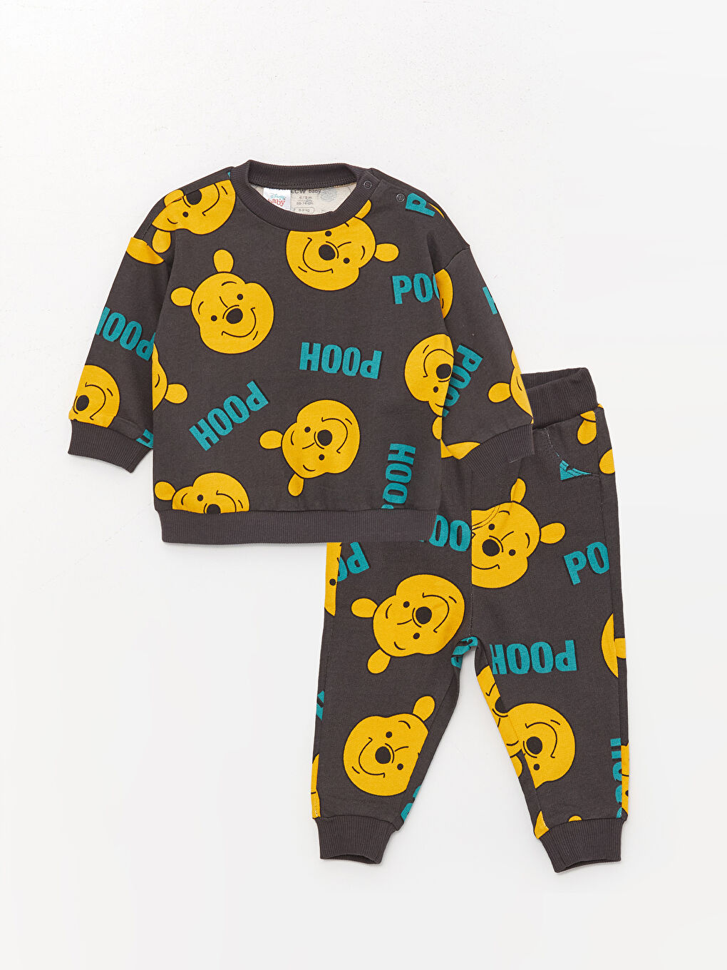 LCW baby Koyu Gri Bisiklet Yaka Uzun Kollu Winnie the Pooh Baskılı Erkek Bebek Sweatshirt ve Pantolon 2'li Takım