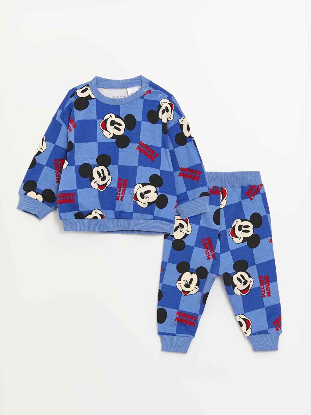 LCW baby Mavi Bisiklet Yaka Mickey Mouse Baskılı Erkek Bebek Pantolon ve Sweatshirt Takım 2'li