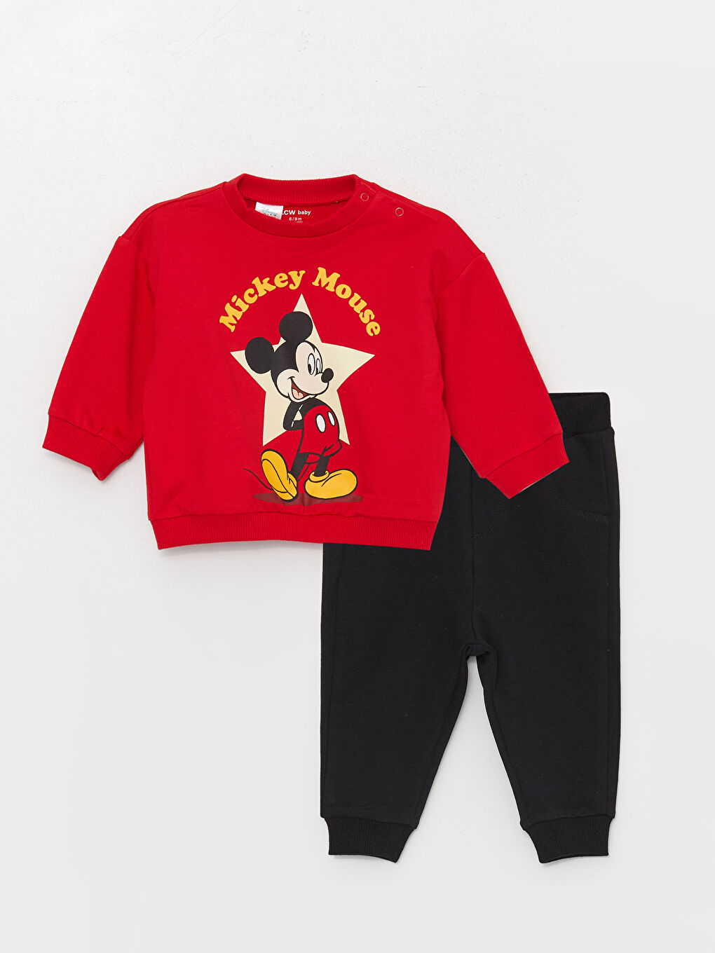 LCW baby Canlı Kırmızı Bisiklet Yaka Uzun Kollu Mickey Mouse Baskılı Erkek Bebek Sweatshirt ve Eşofman Alt 2'li Takım