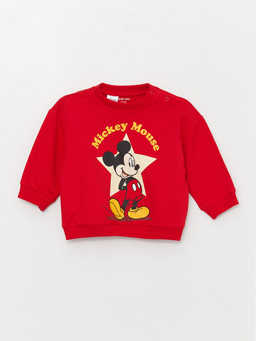 LCW baby Canlı Kırmızı Bisiklet Yaka Uzun Kollu Mickey Mouse Baskılı Erkek Bebek Sweatshirt ve Eşofman Alt 2'li Takım - 1