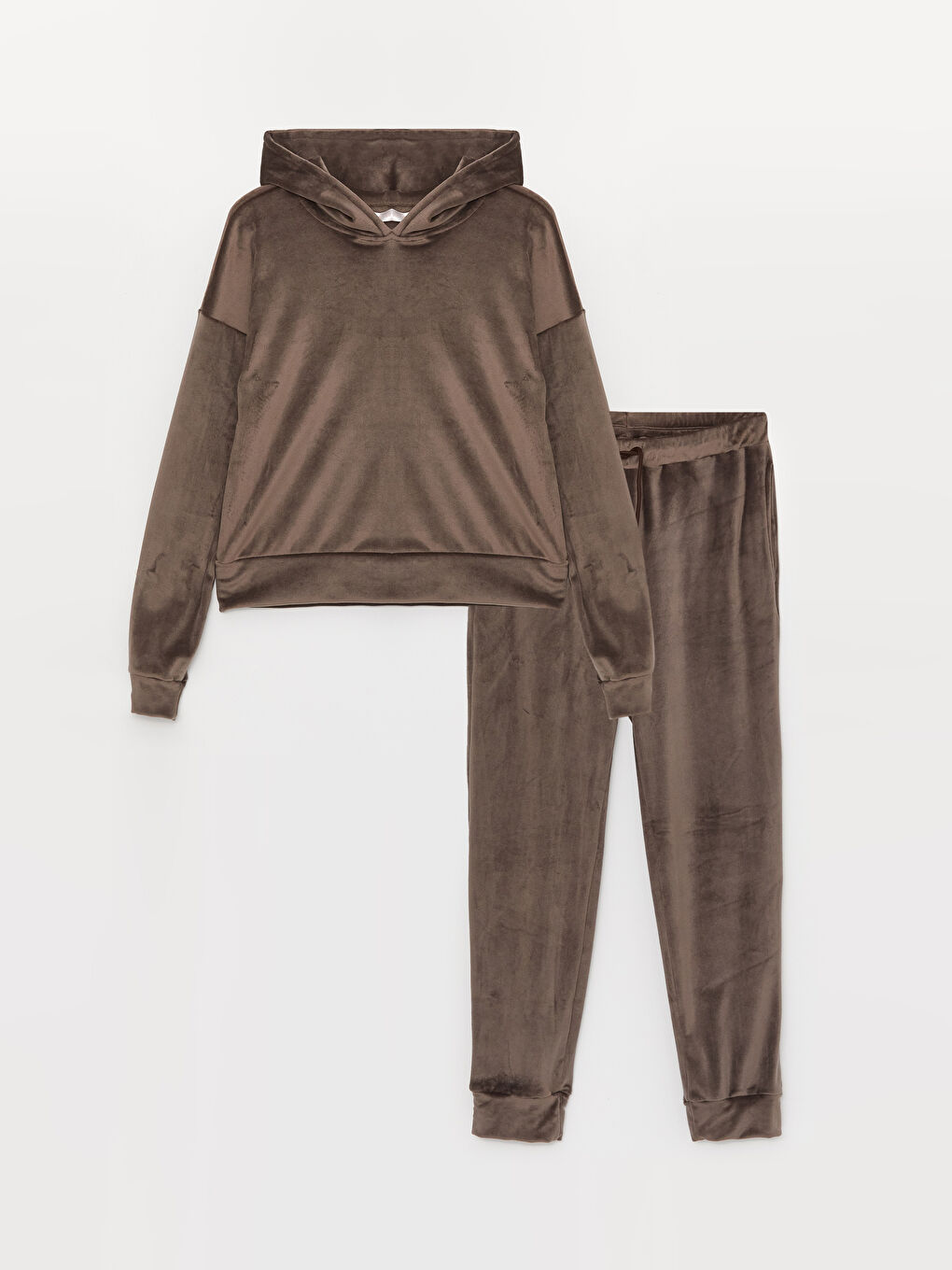 Kahverengi Kapüşonlu Düz Uzun Kollu Kadife Kadın Pijama Takımı-4
