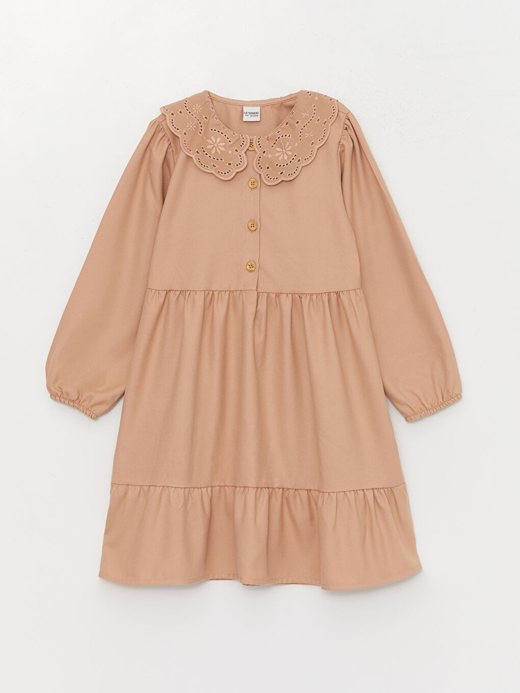 Kahverengi Bebe Yaka Nakışlı Uzun Kollu Kız Çocuk Elbise