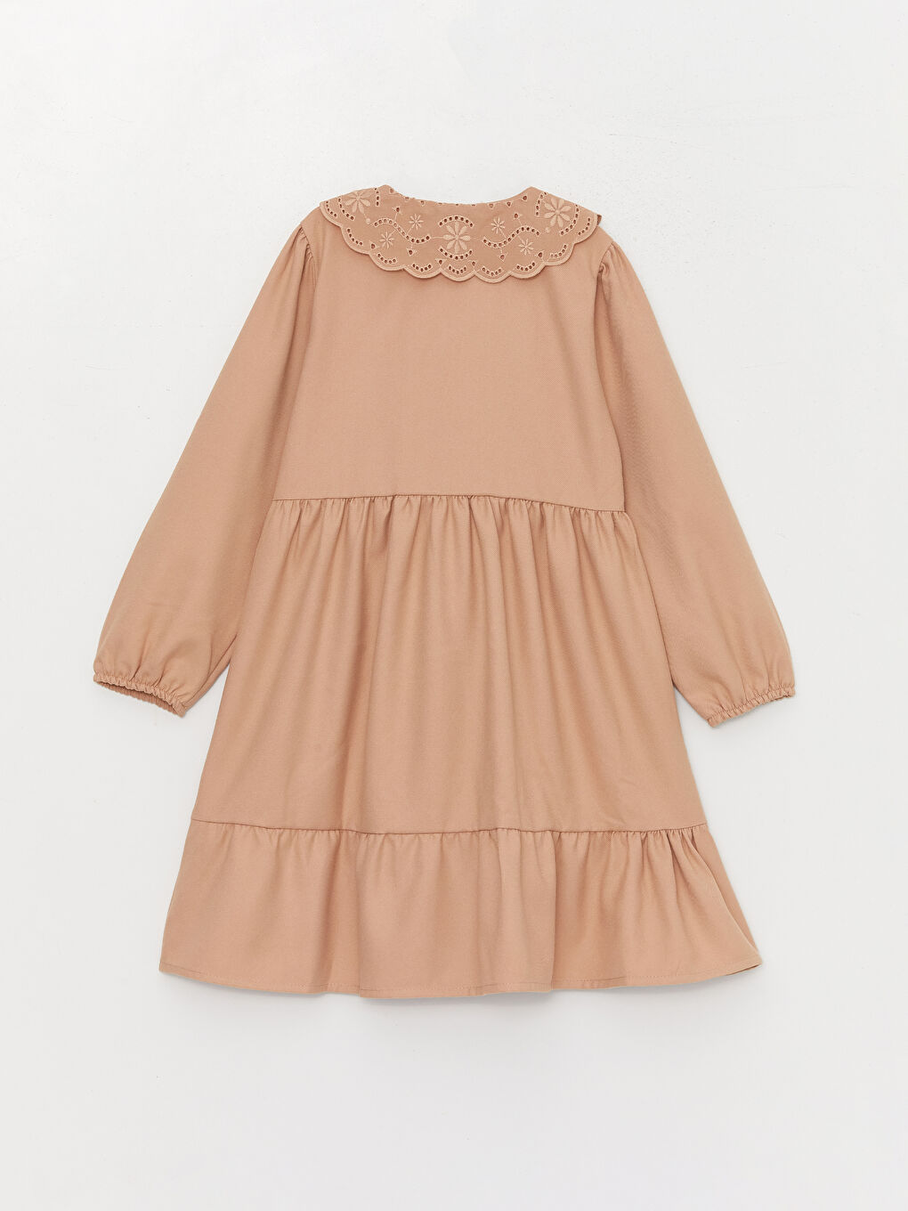 Kahverengi Bebe Yaka Nakışlı Uzun Kollu Kız Çocuk Elbise-1