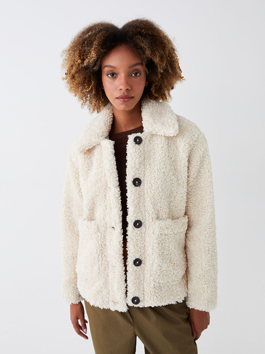 Ekru Gömlek Yaka Düz Uzun Kollu Kadın Teddy Kaban-1